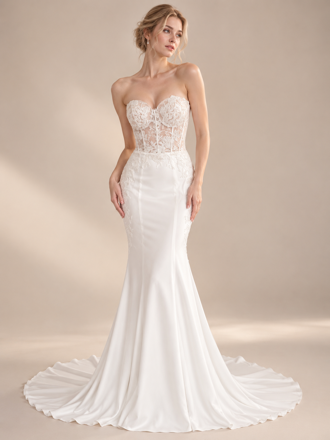 Luminous Ivory Strapless Sweetheart Corset-Bodice Mermaid Maxi Wedding Dress 