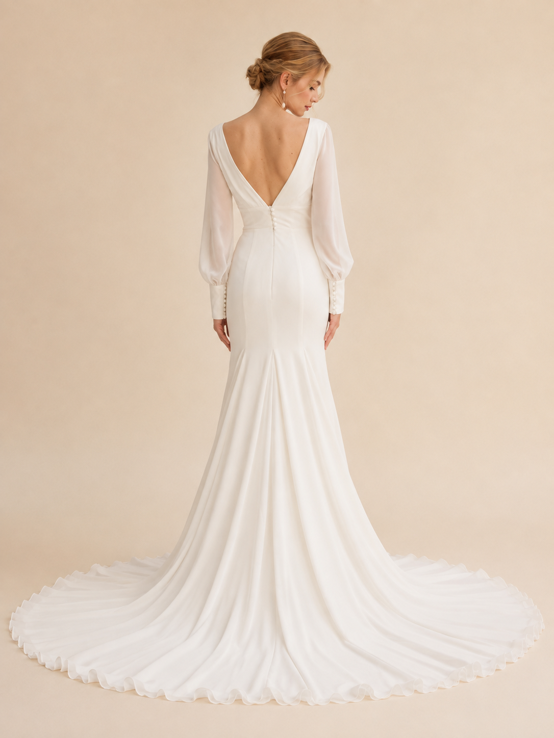 Ivory Long-Sleeve V-Neck Mermaid Wedding Dress 