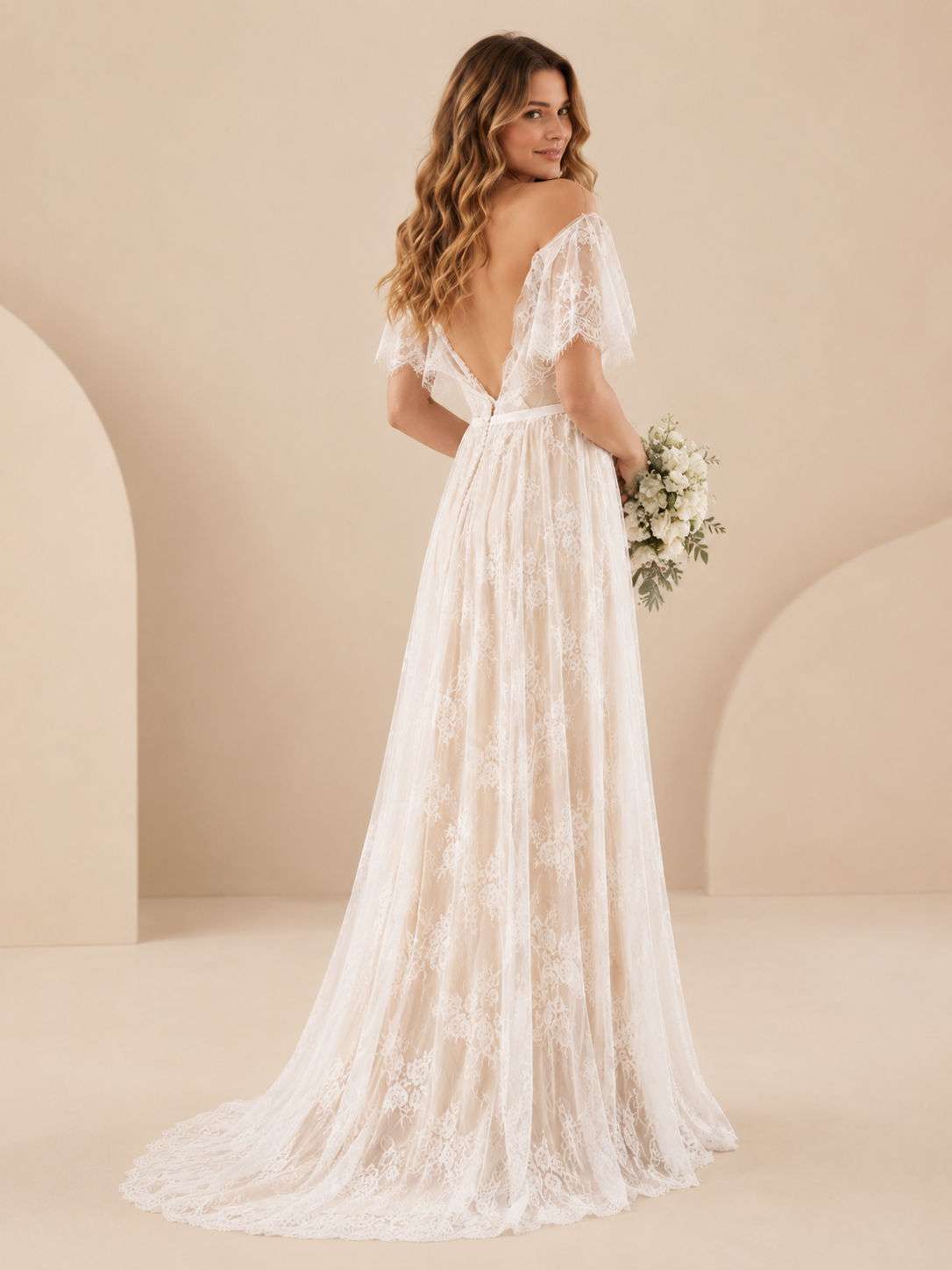 White V-Neck Lace Appliqué Flutter Sleeves A-Line Wedding Dress 