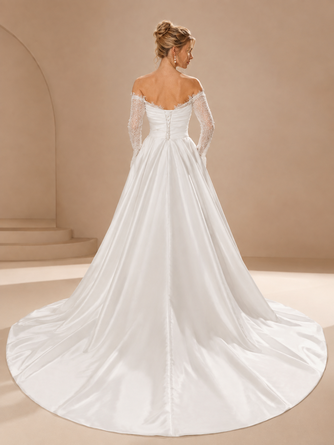 White Off-the-Shoulder Draped Satin High Slit A-Line Wedding Dress 