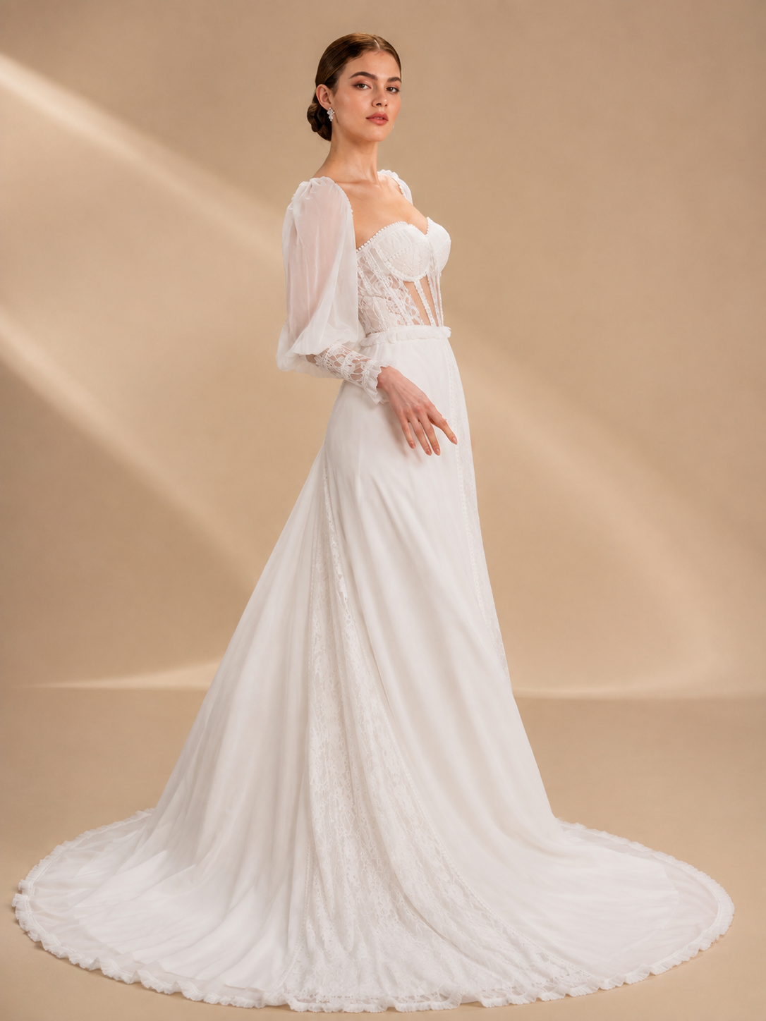 White Sweetheart Corset Puff-Sleeve Lace Chiffon Wedding Dress 