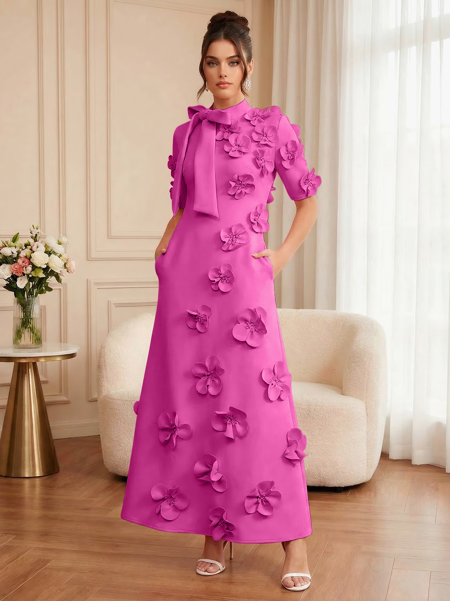 Pink Short Sleeve 3D Floral Maxi Dress Gown