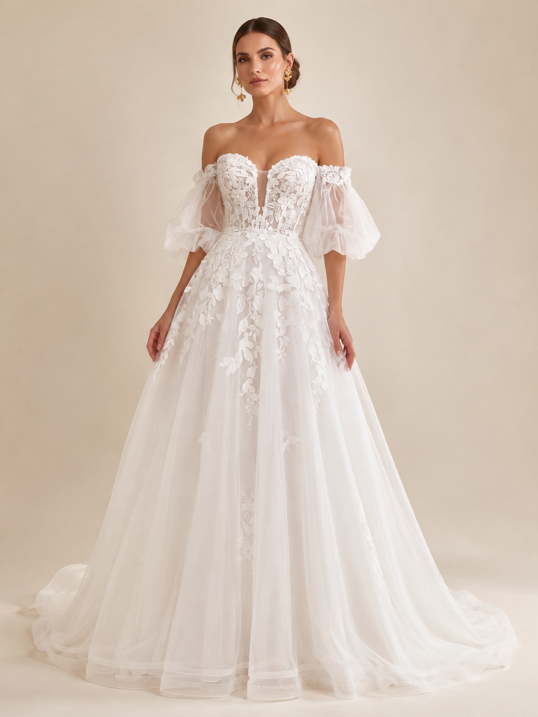 White Off-the-Shoulder Puff-Sleeve Lace Appliqué A-Line Wedding Dress 