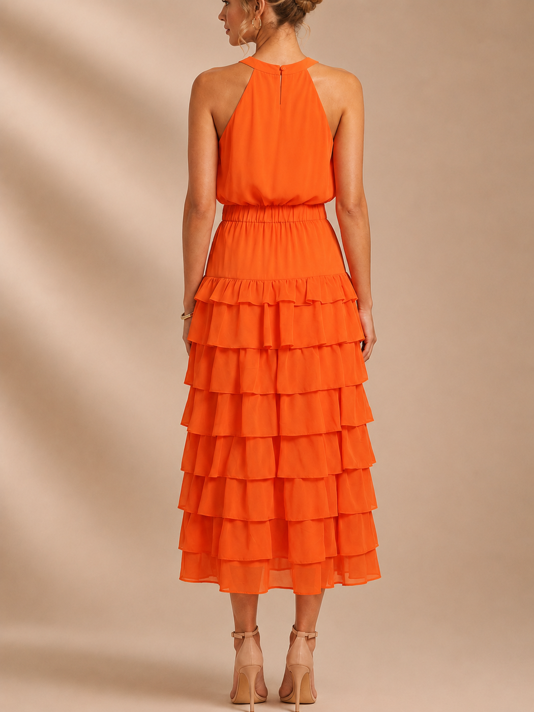 Vibrant Orange Sleeveless Tangerine Halter Neck Tiered Midi Evening Gown Dress 