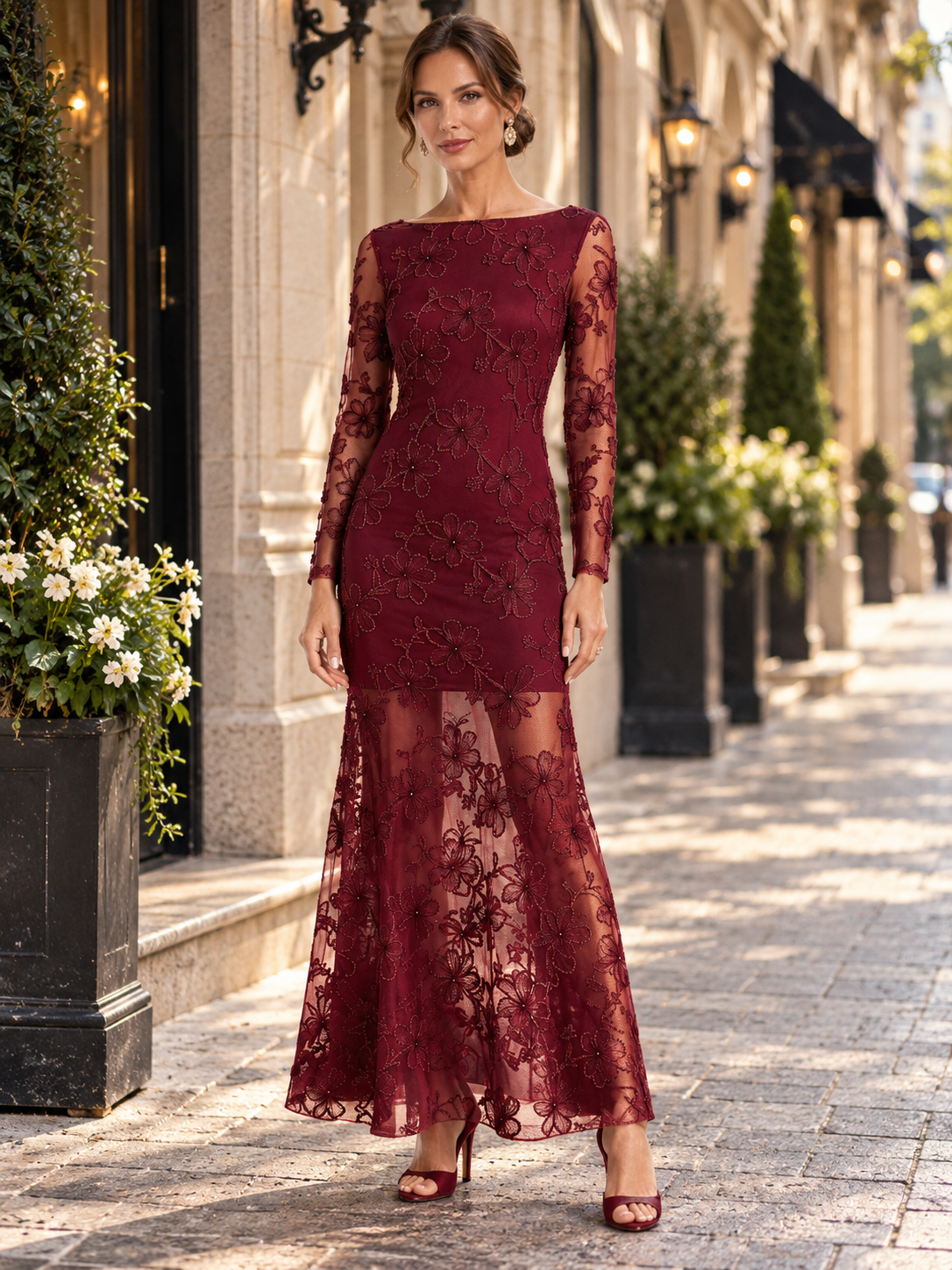 Burgundy Floral Embroidered Long-Sleeve Sheath Maxi Evening Gown Dress 