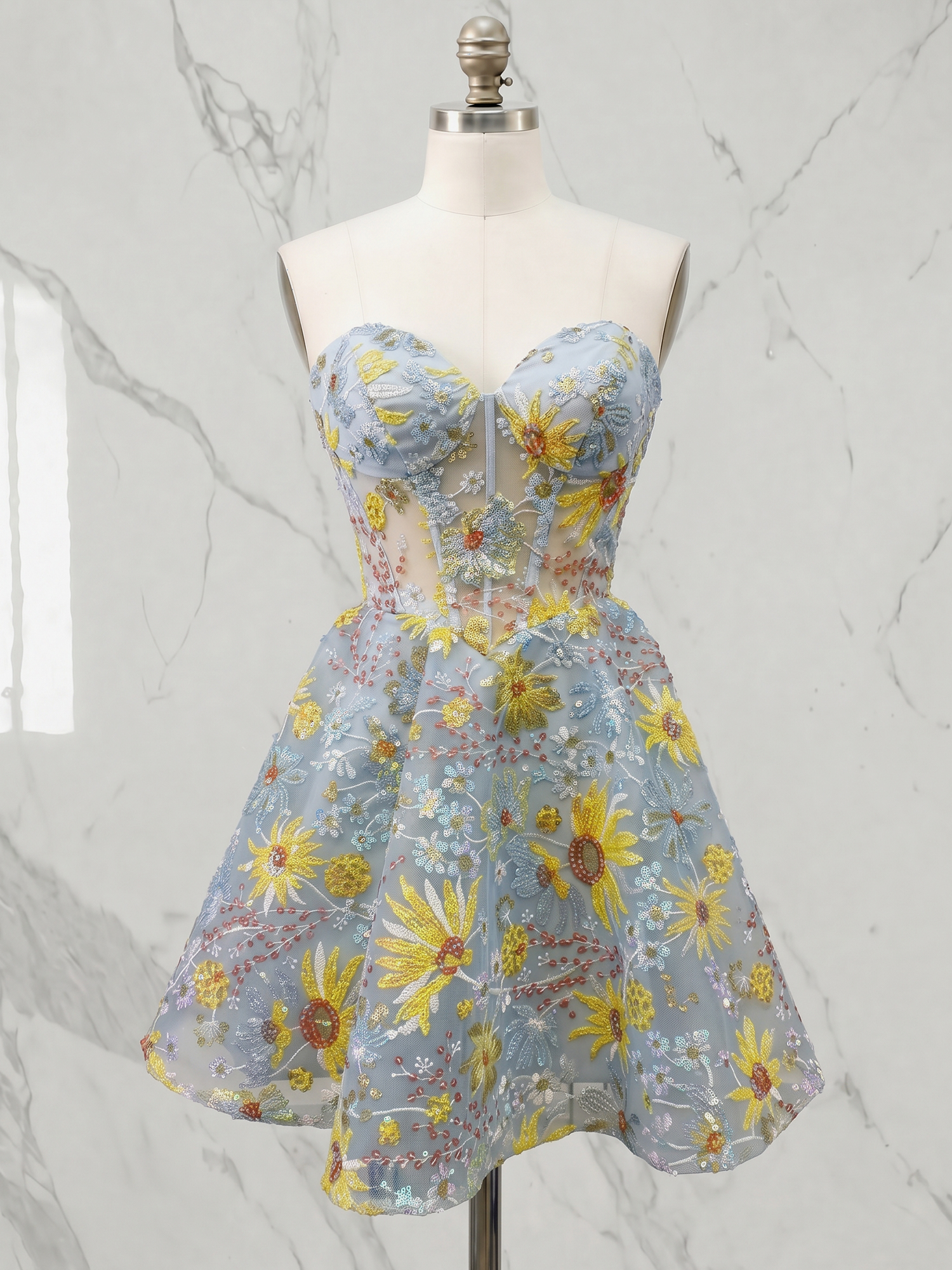 Enchanted Wildflower Meadow Sequin Corset Mini Dress Homecoming Dress