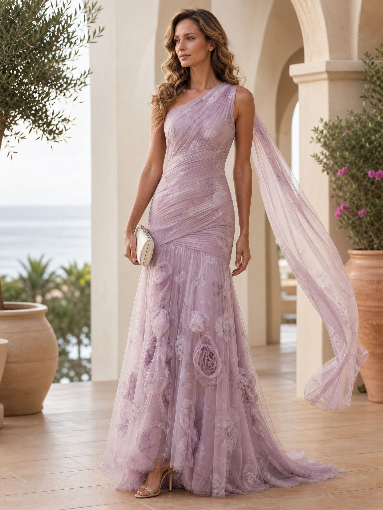 Lavender Floral One-Shoulder Draped Mermaid Maxi Evening Gown Dress 