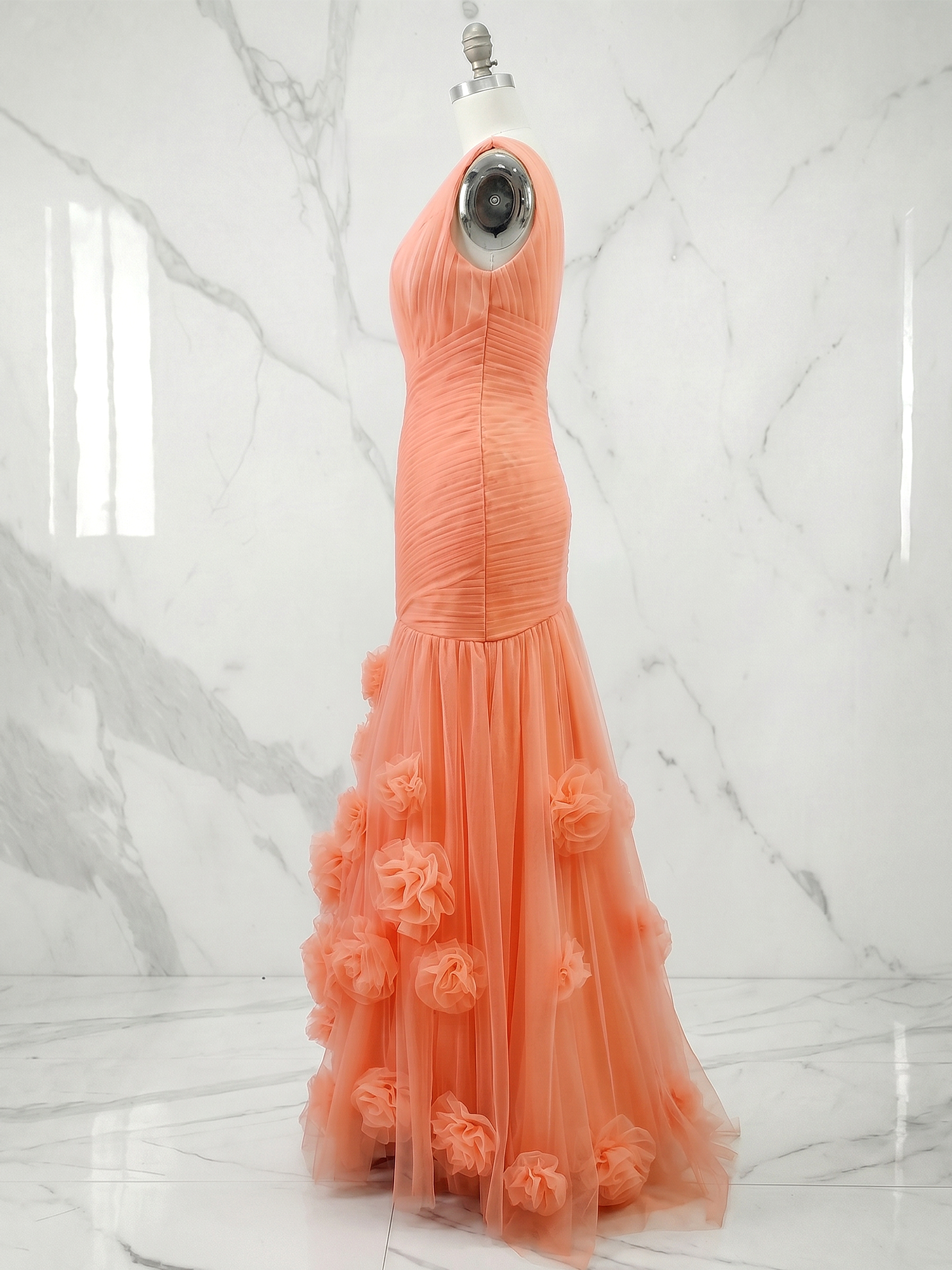 Coral Sweetheart Tulle Pleat One Shoulder Mermaid Evening Dresses Gown with 3D Flower