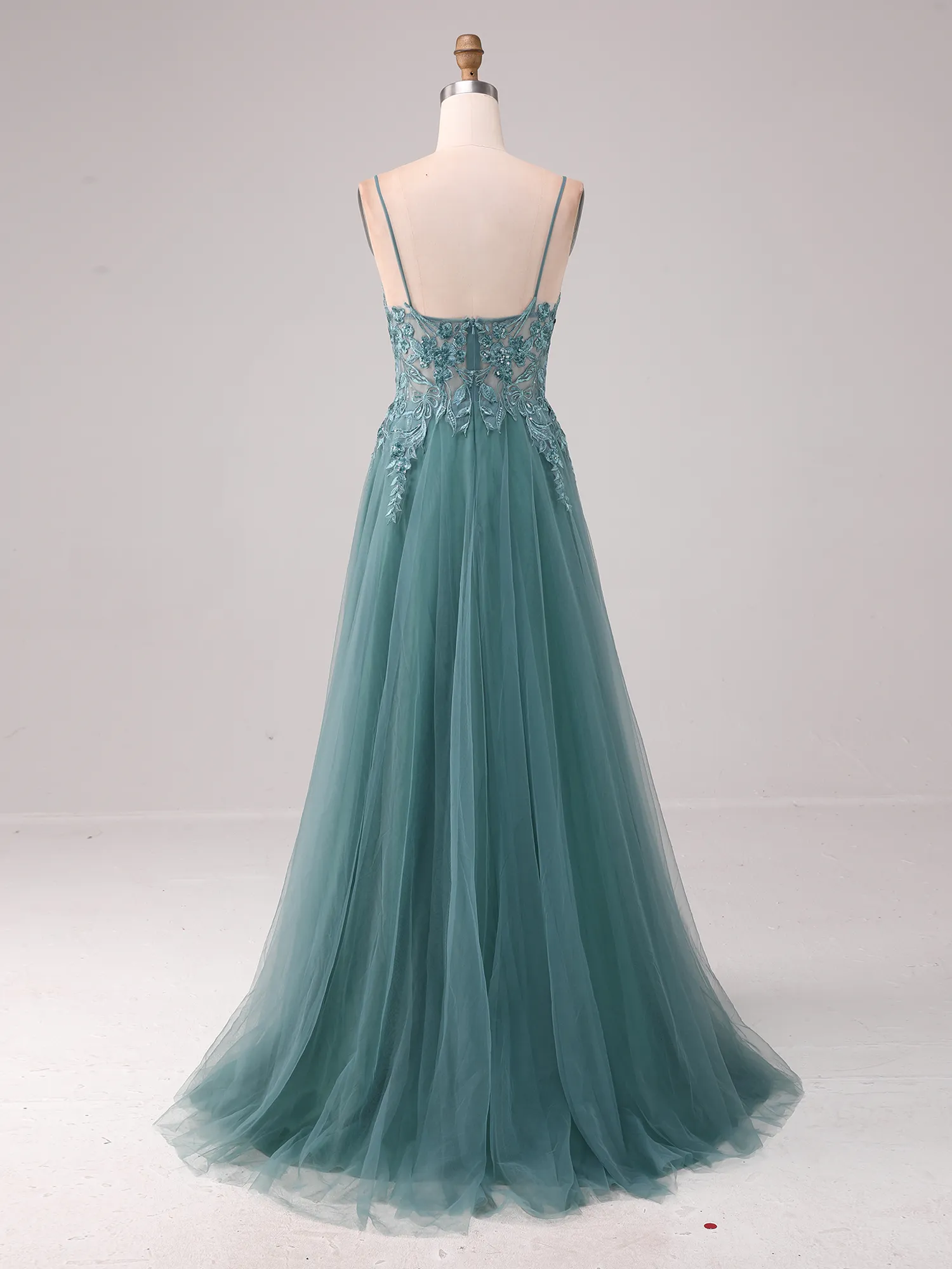 Dusty Teal Lace Appliqué Spaghetti Strap Tulle A-Line Prom Gown