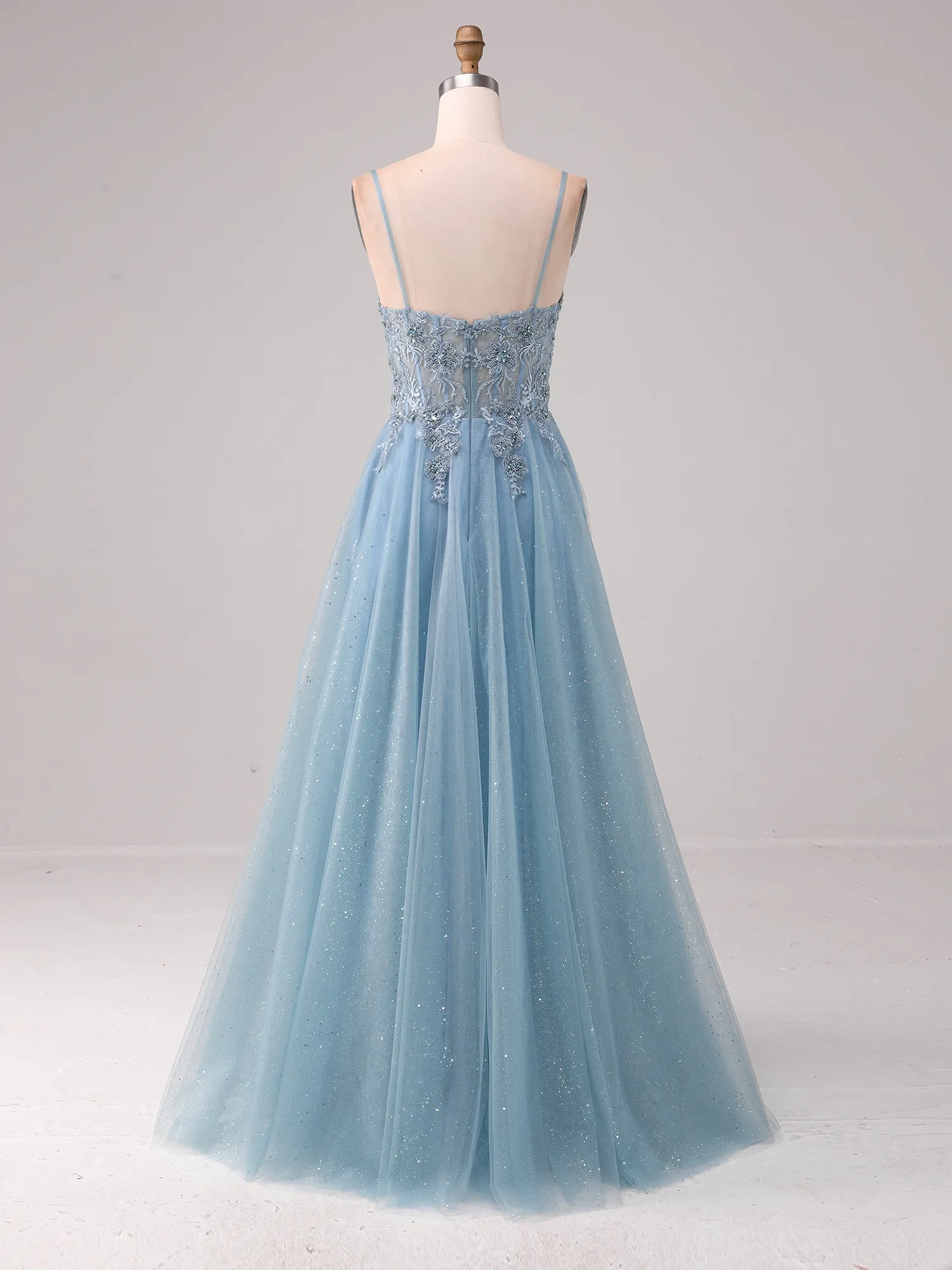 Sky Blue Spaghetti Strap Lace Appqué Glitter Tulle A-Line Prom Dress with Slit