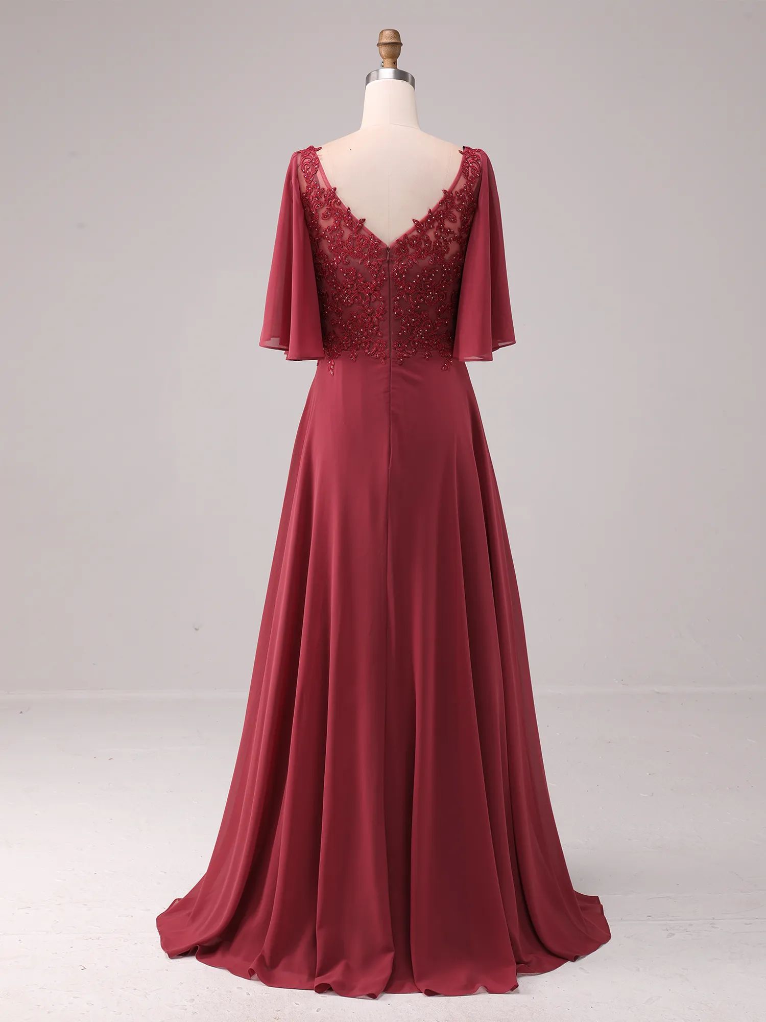 Burgundy Illusion Lace Flutter Sleeve Chiffon A-Line Mother of the Bride Dress