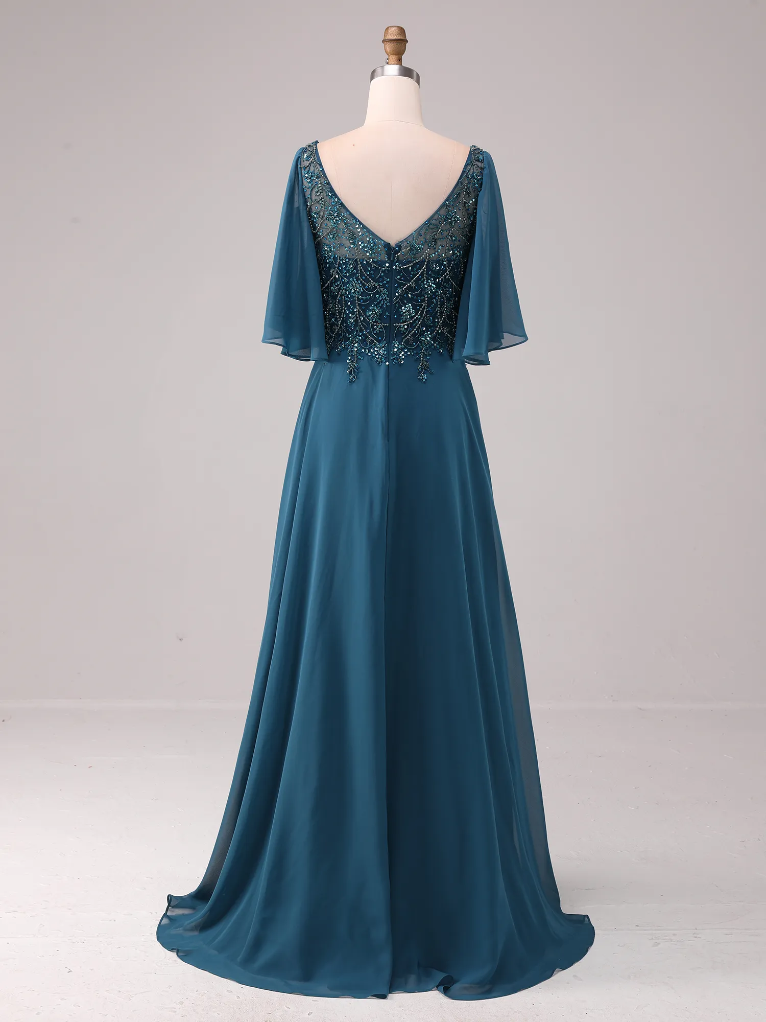 Peacock Blue Lace Appliqué Flutter Sleeve Chiffon A-Line Mother of the Bride Dress