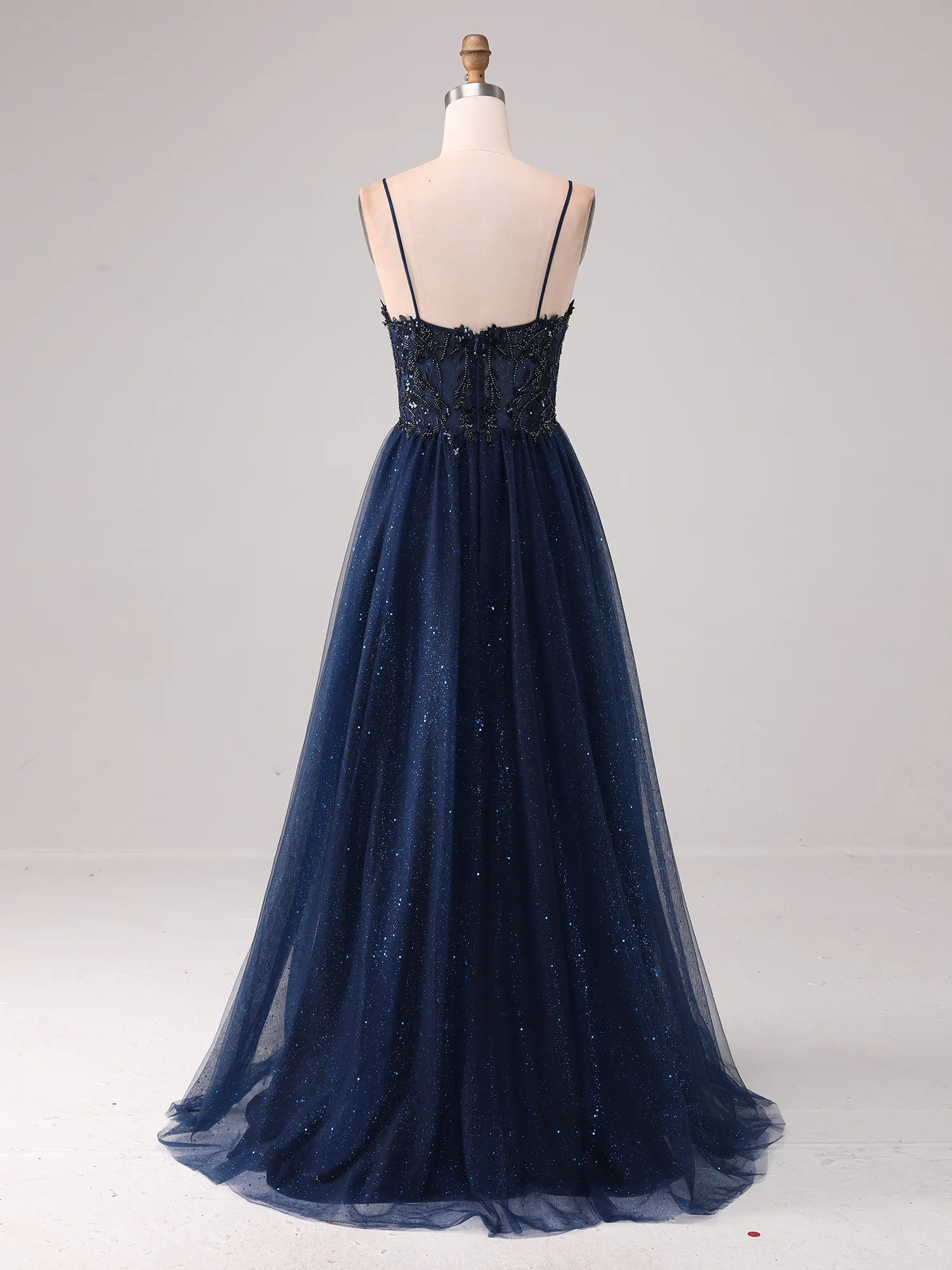 Navy Blue Spaghetti Strap Lace & Bead Glitter Tulle A-Line Prom Dress