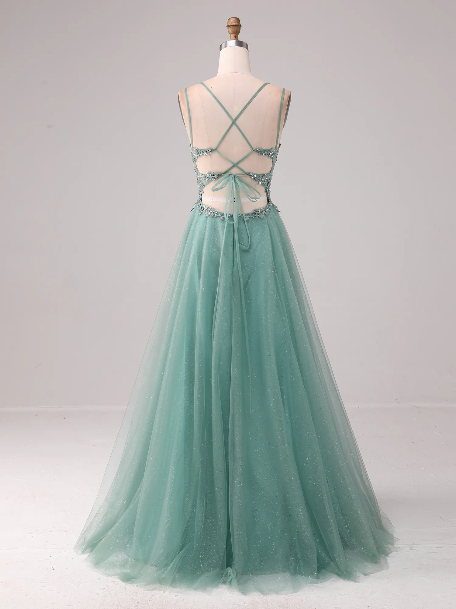 Dusty Sage Green Sequin Lace Corset Glitter Tulle A-Line Prom Dress with Crisscross Back