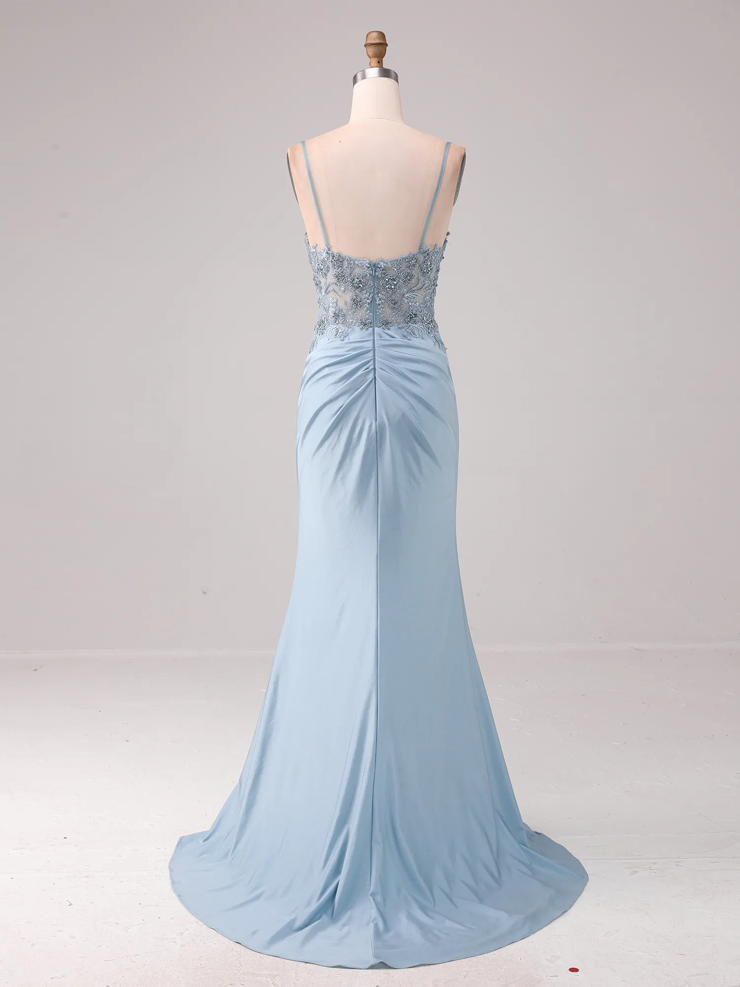 Sky Blue Lace Appqué Illusion Bodice Ruched Satin Mermaid Prom Dress