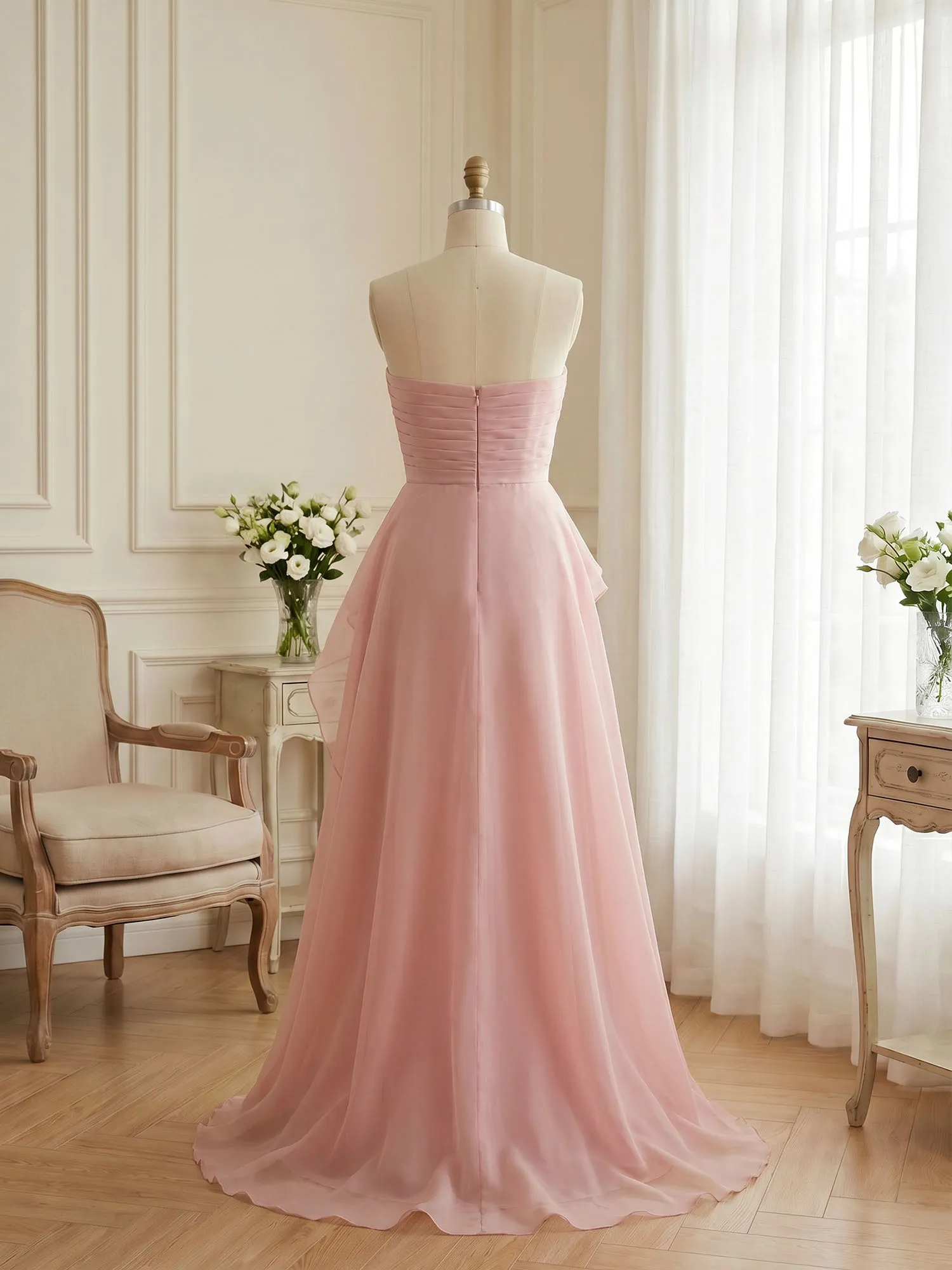 Strapless Tiered Organza Evening Gown with High Slit