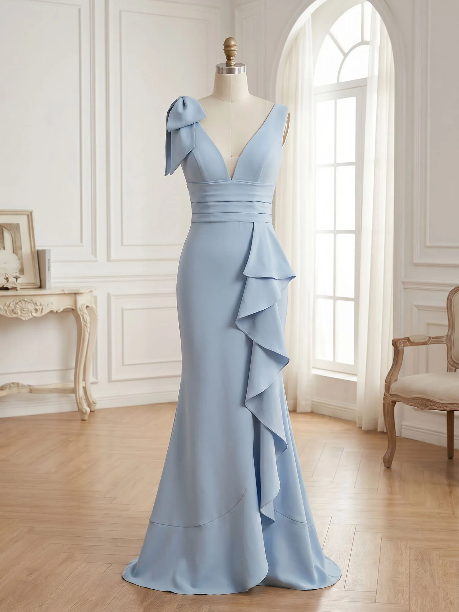 Deep V-Neck Bow-Shoulder Ruffle Slit Mermaid Evening Gown