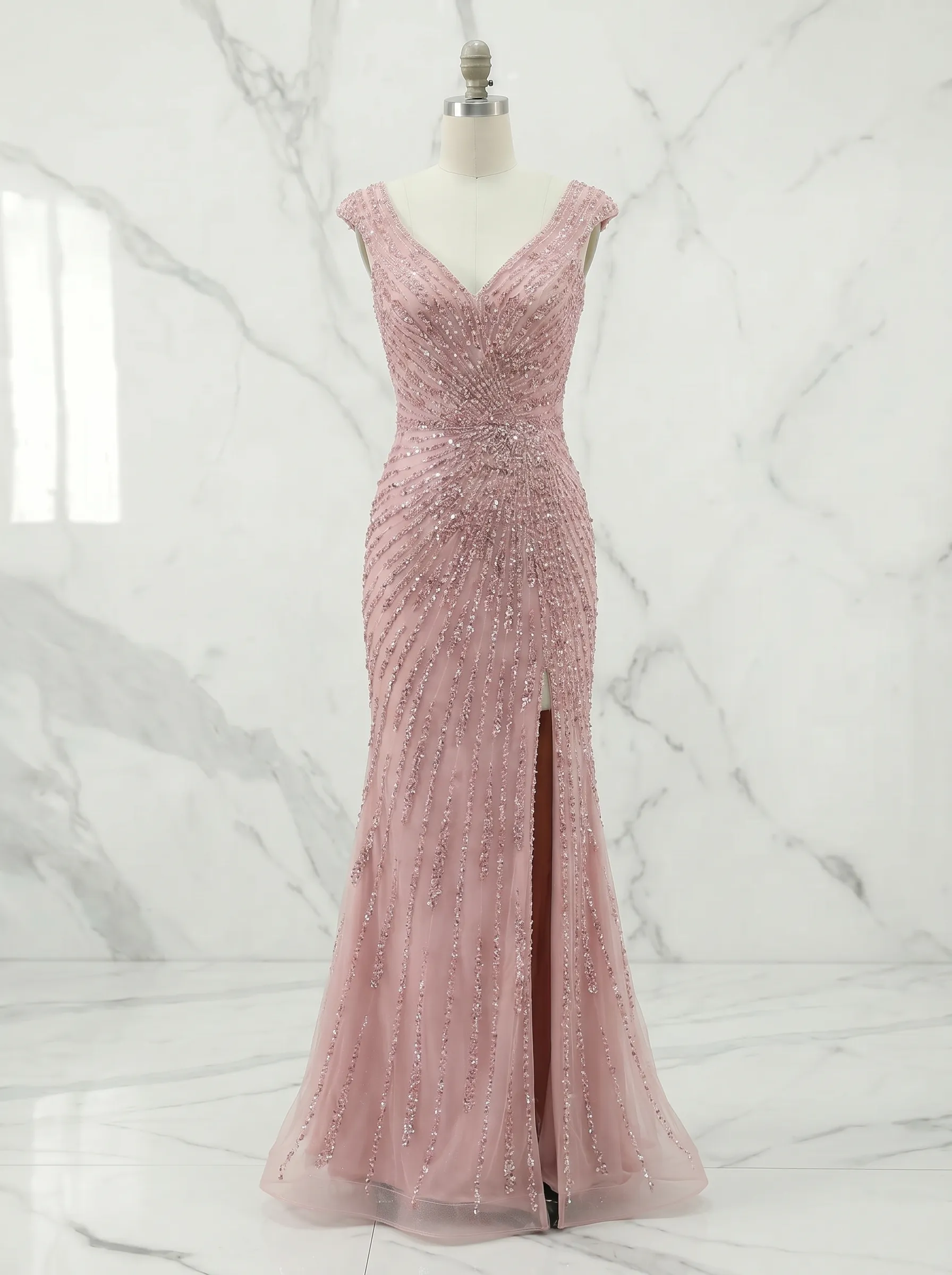 Off-the-Shoulder Beaded Mermaid Prom Gown with Front Slit