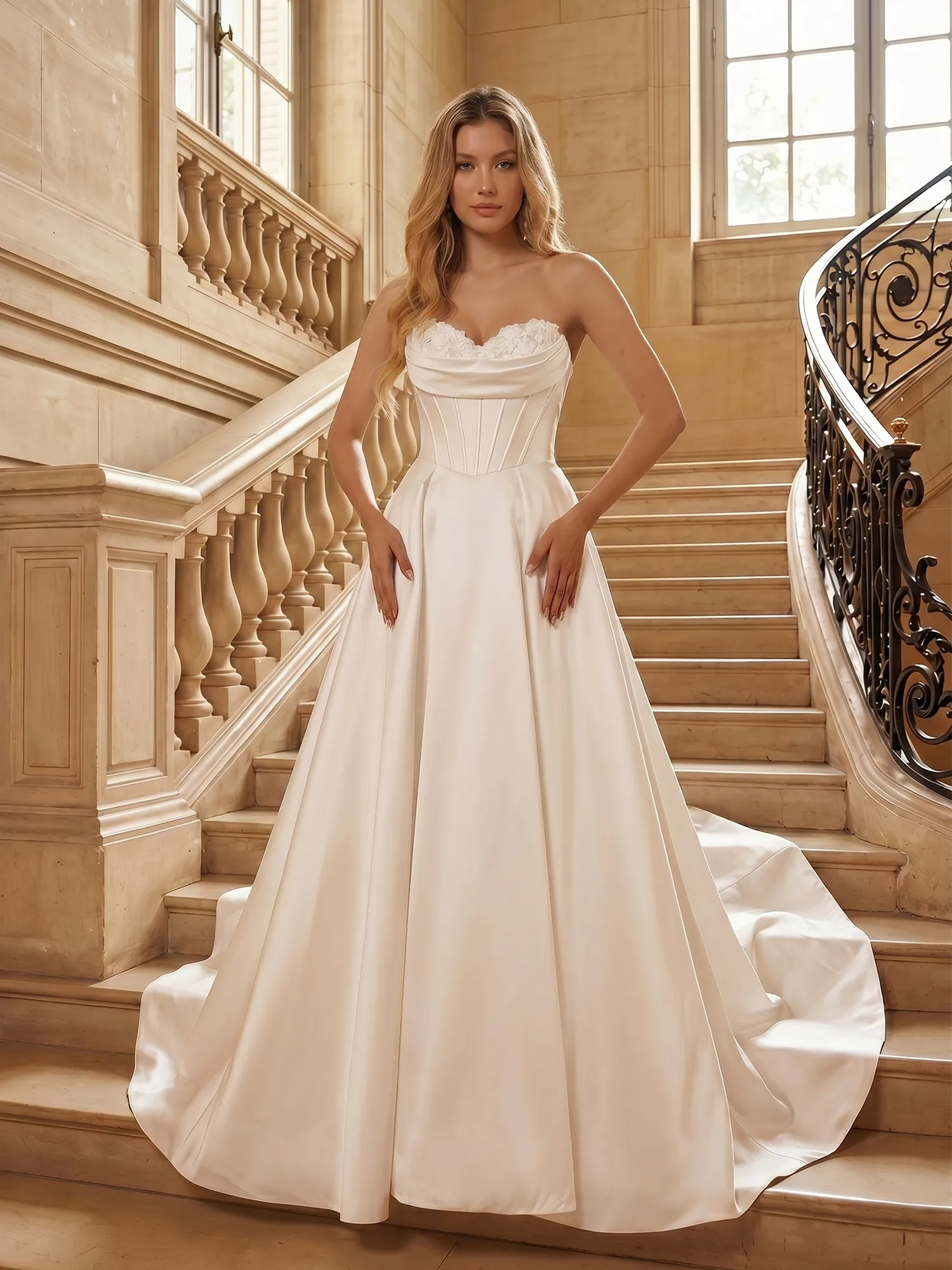 Strapless Lace-Corset Satin Ball Gown Wedding Dress