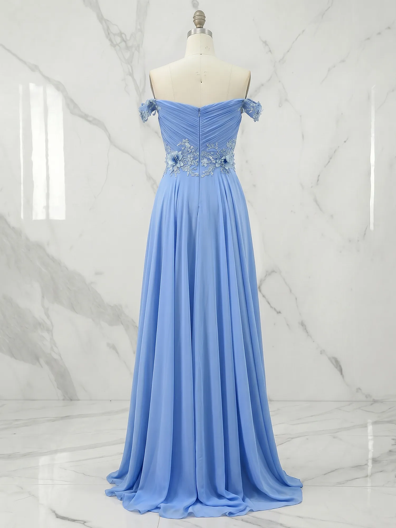 Sky Blue Off-the-Shoulder Floral Lace Chiffon Prom Gown