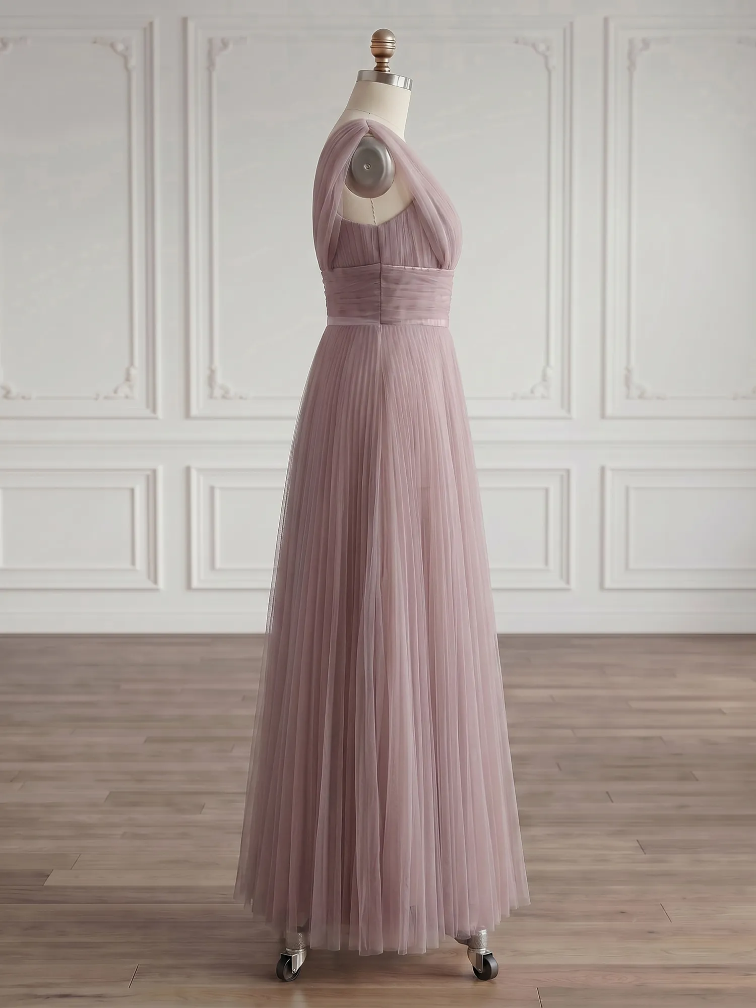 Draped V-Neck Pleated Tulle Evening Gown Maxi Dress