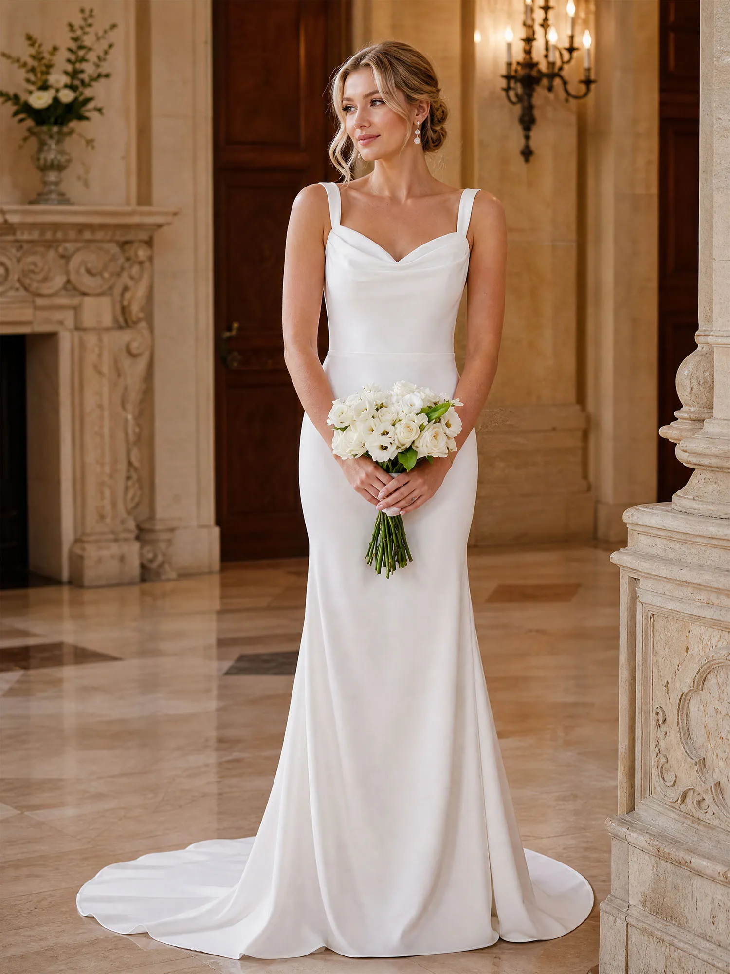 White Satin Cowl Neck Mermaid Wedding Dress