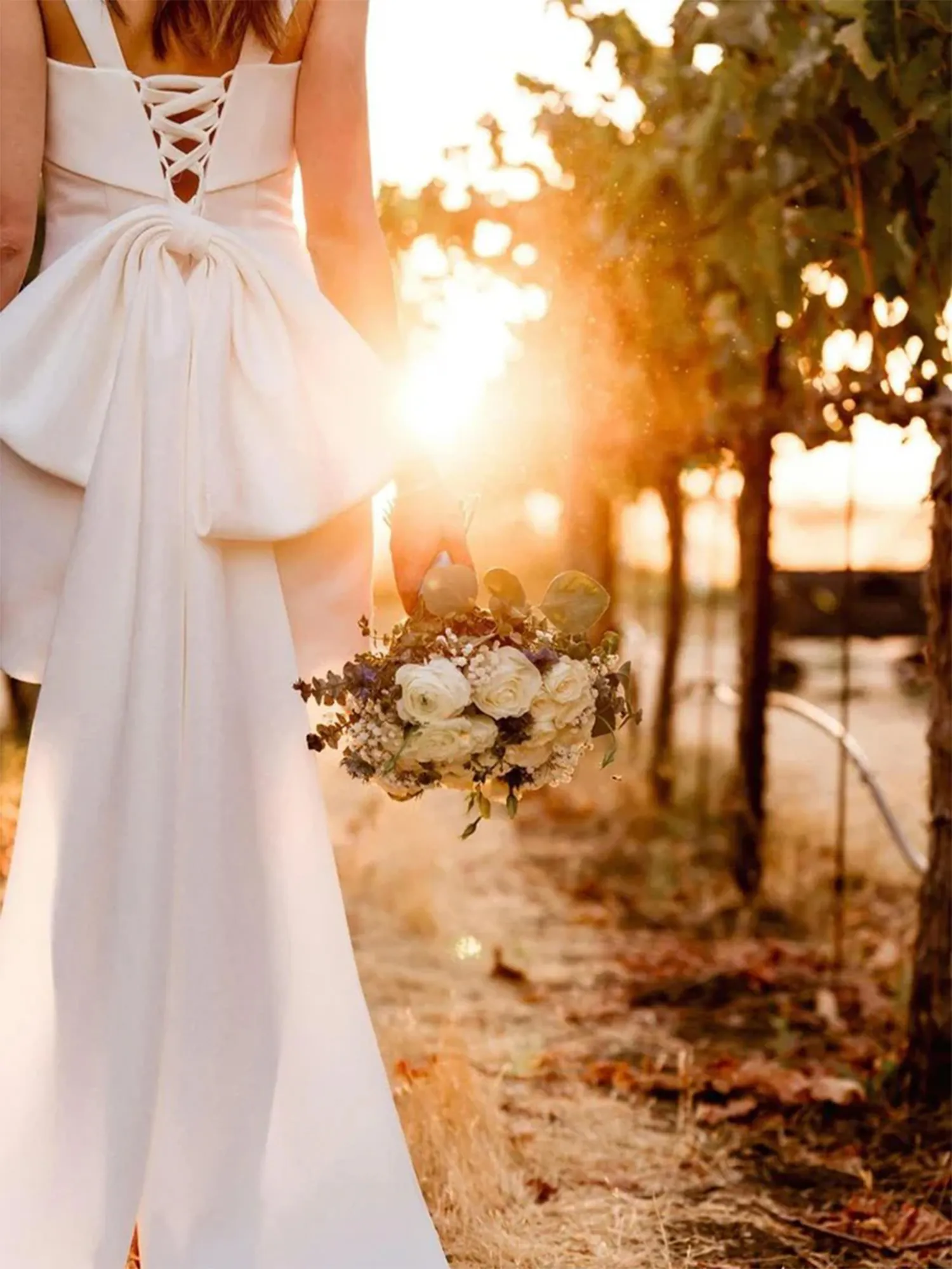 White Square Neck Mini Wedding Dress with Oversized Bow Train