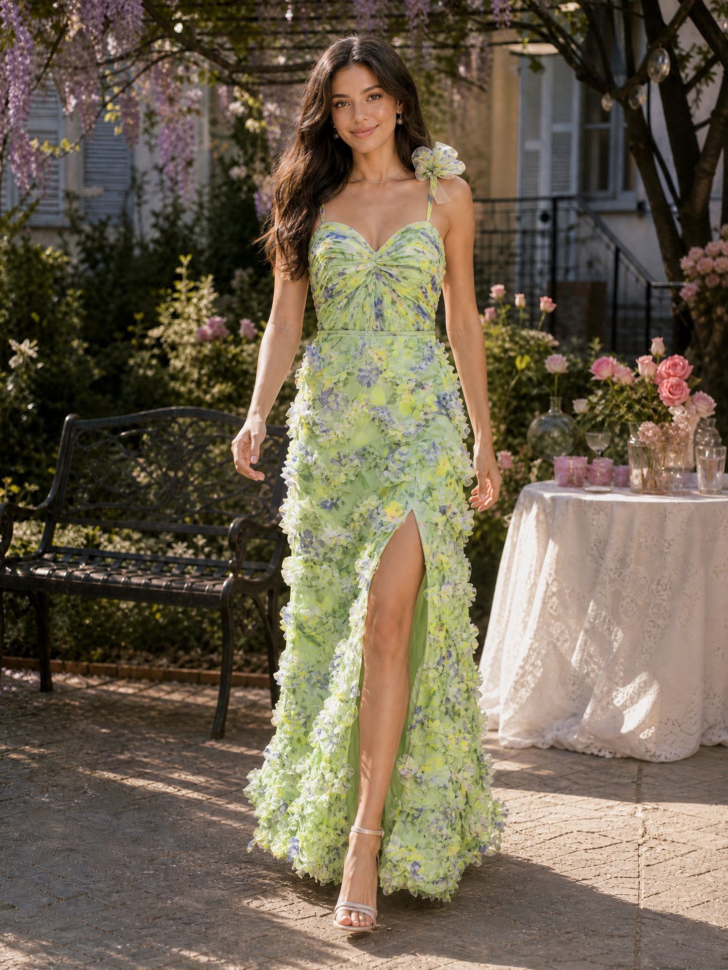 Ethereal Watercolor Floral 3D Ruffled Slit Evening Formal Gown