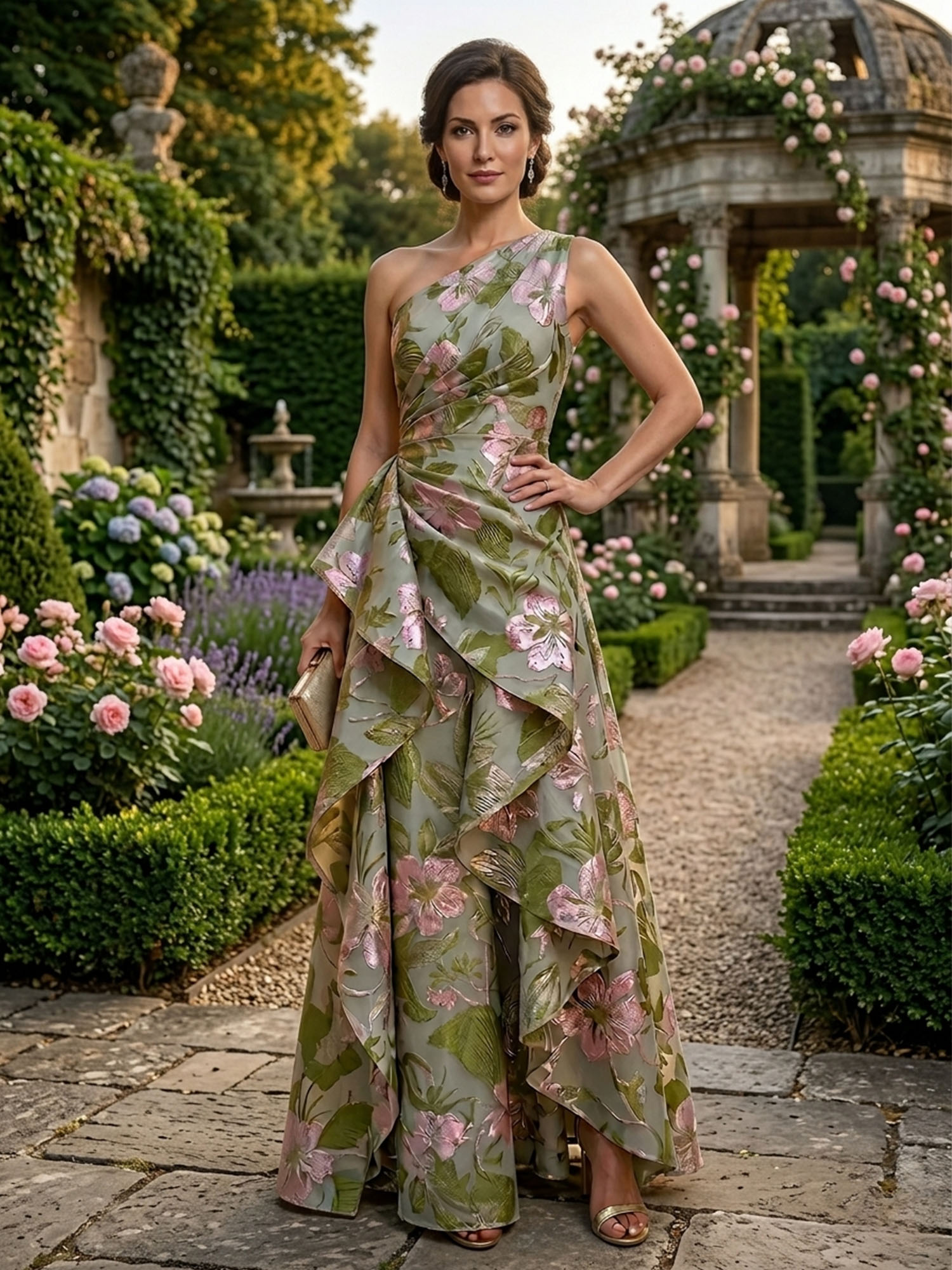 Olive Green Floral Print A-Line One Shoulder Floor-Length Mother of the Bride & Groom Dresses with Ruffles