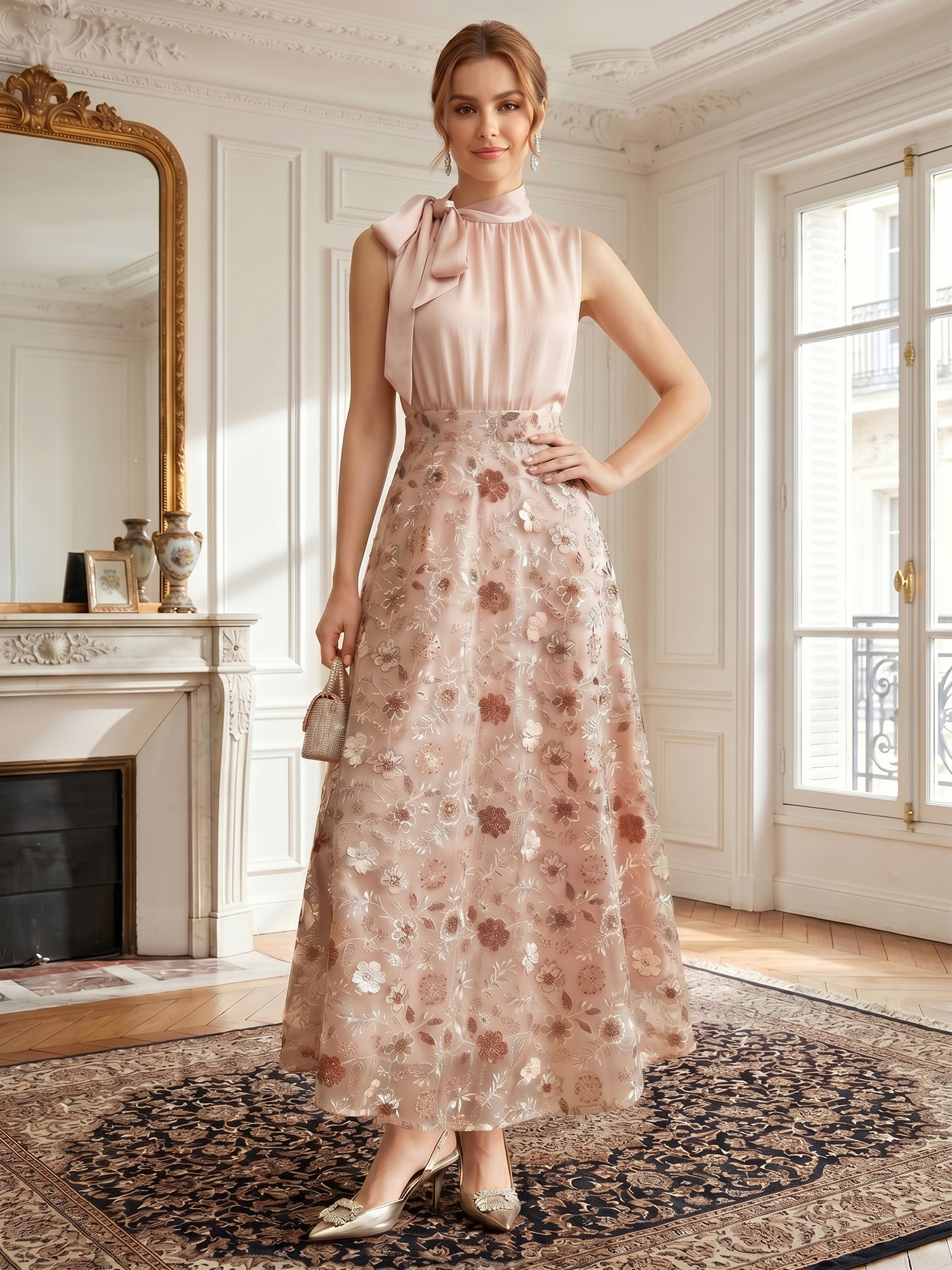 Refined Blush Embroidered Tie-Neck Evening Dress