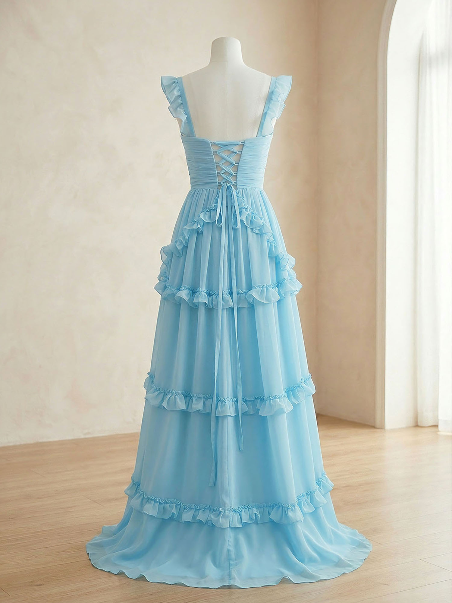 Ethereal Sky Blue Tiered Ruffle Chiffon Maxi Dress Gown