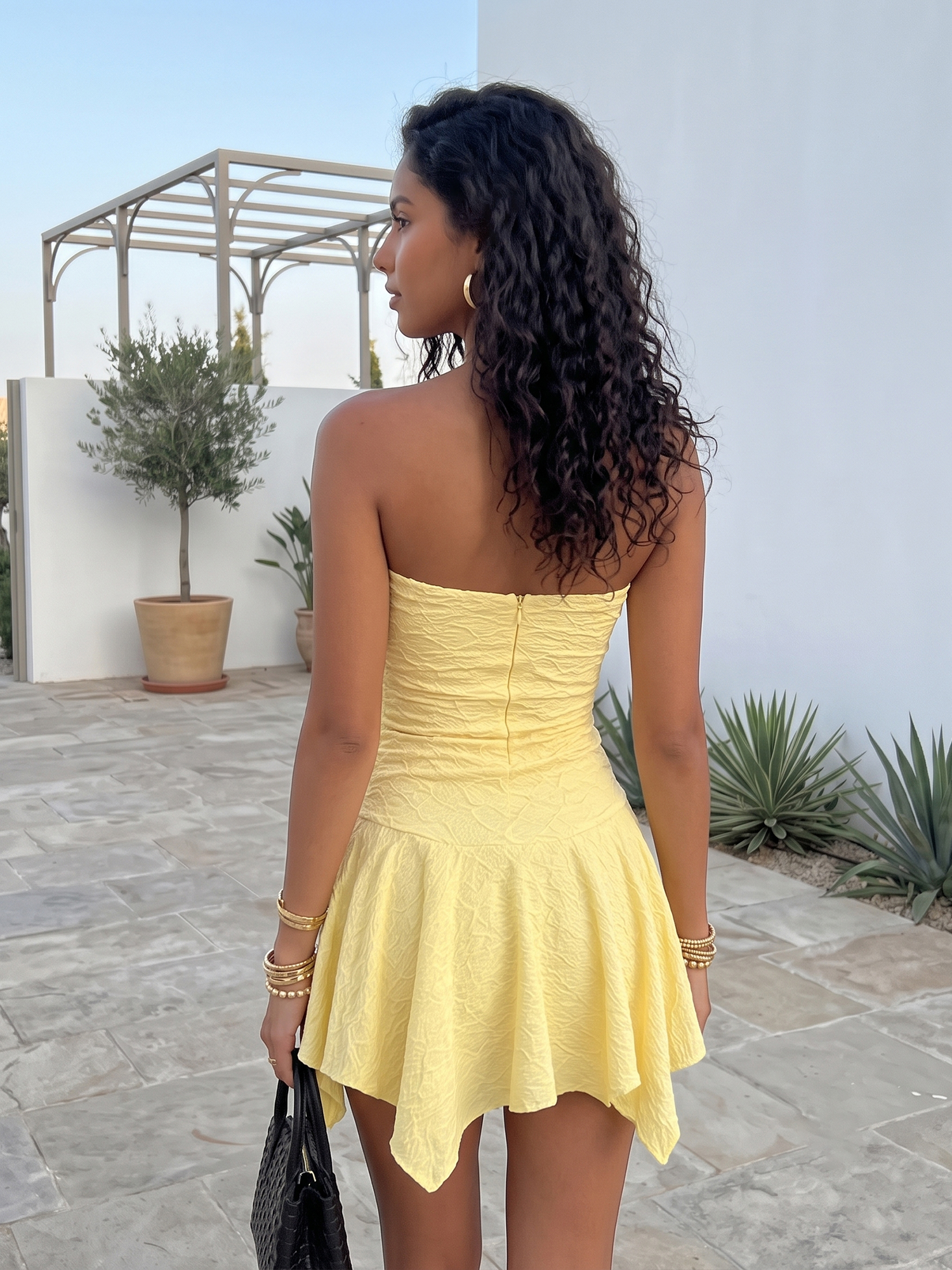 Butter Yellow Textured Strapless Homecoming Dress