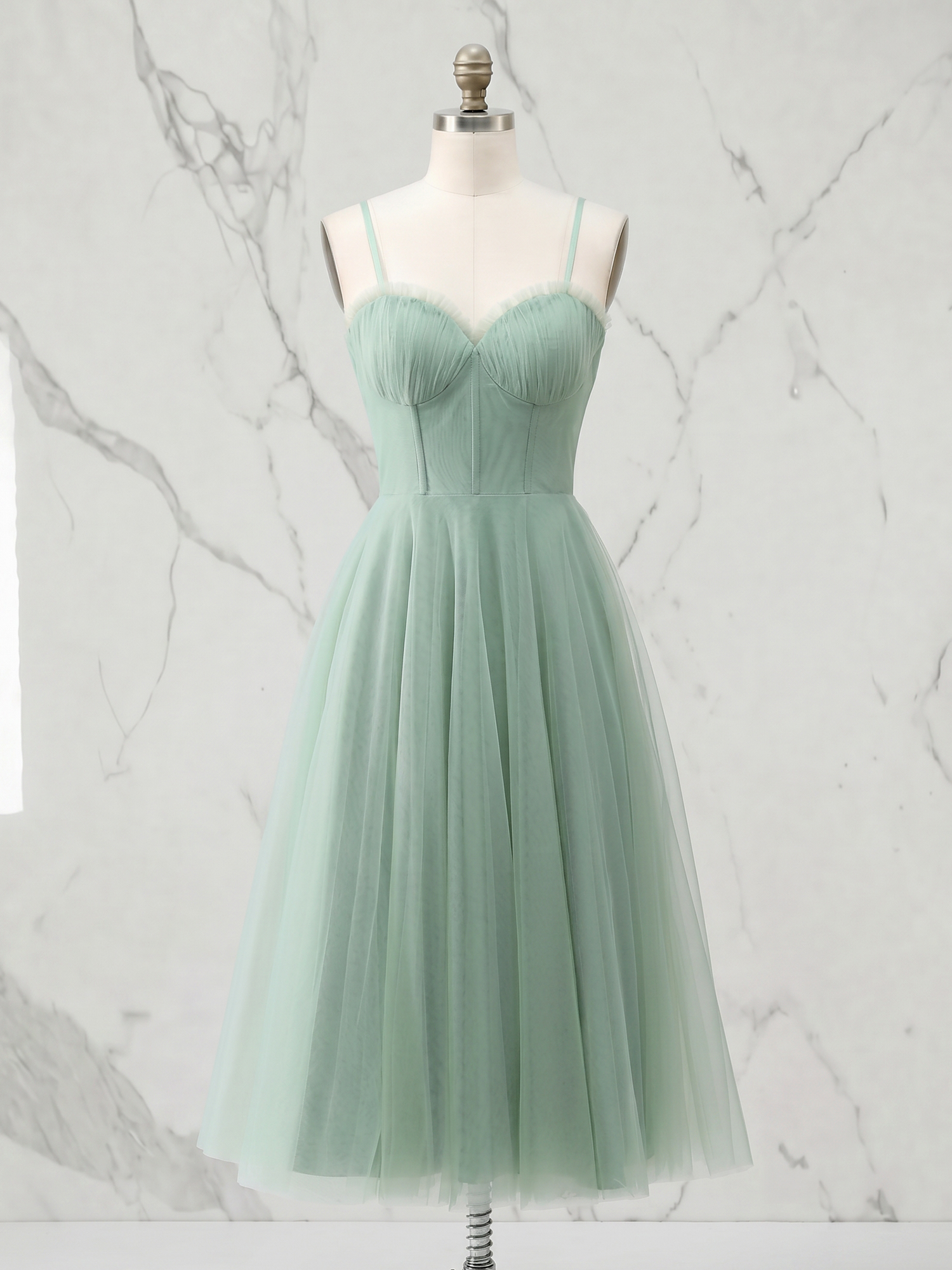 Romantic Sage Green Tulle A-Line Homecoming Dress with Ruched Corset Bodice