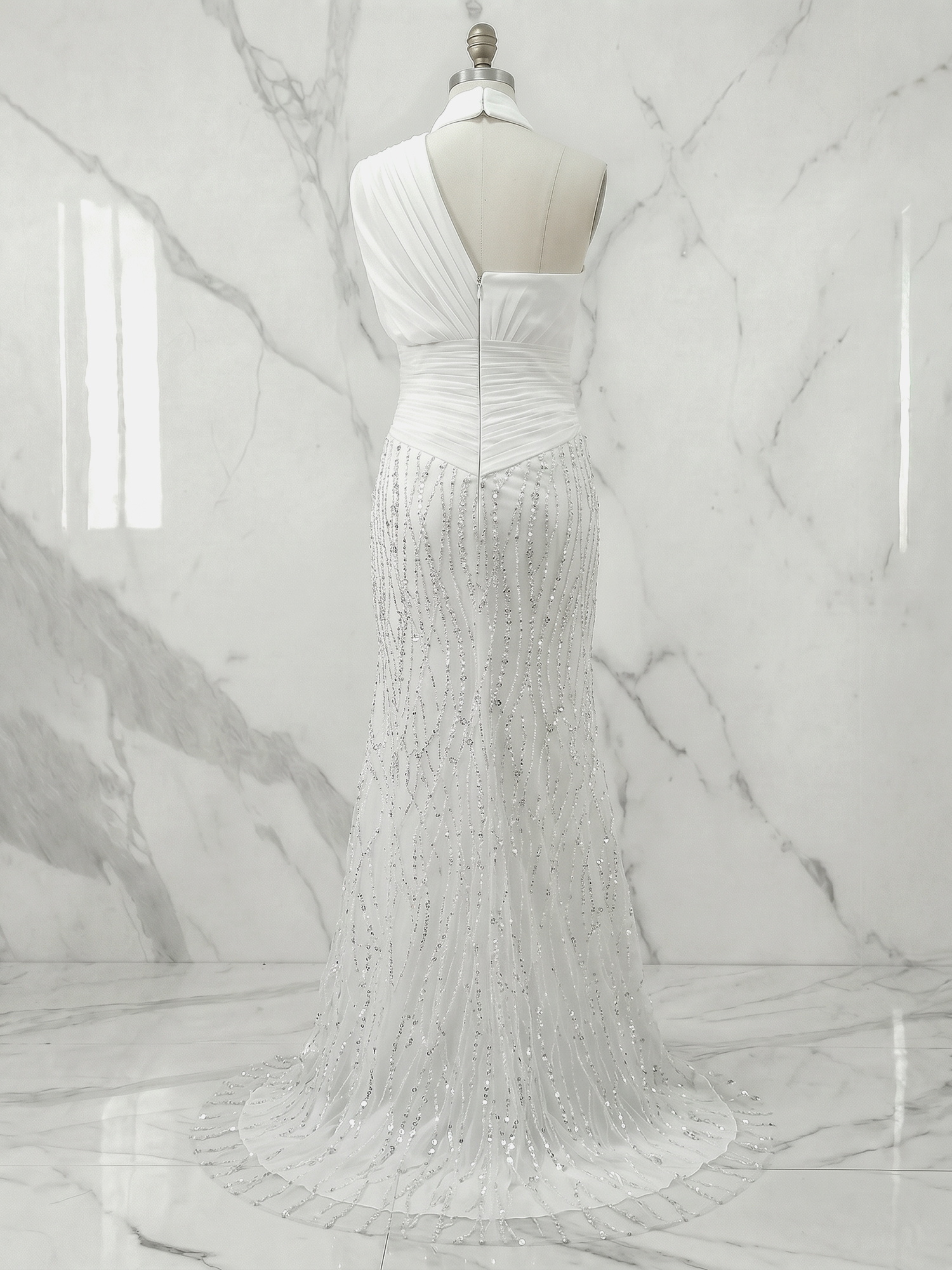 Ethereal White Beaded High-Neck Draped Sheath Formal Evening Dress