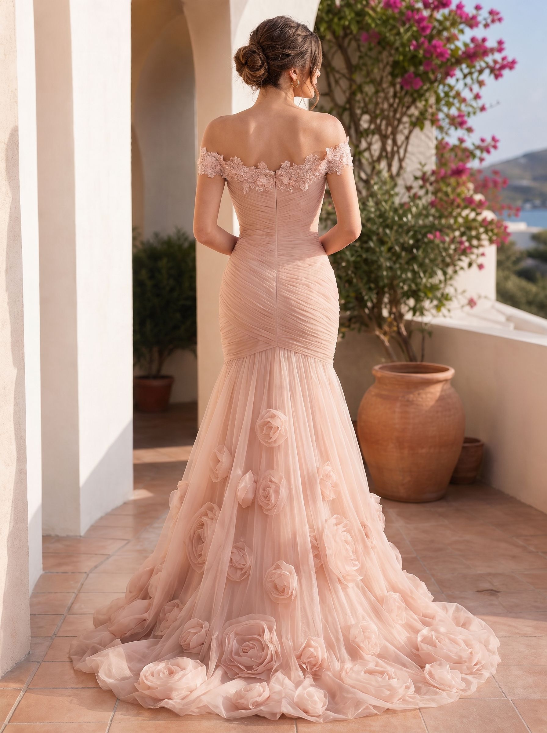 Romantic Blushing Rose Off-the-Shoulder Mermaid Formal Evening Dress 