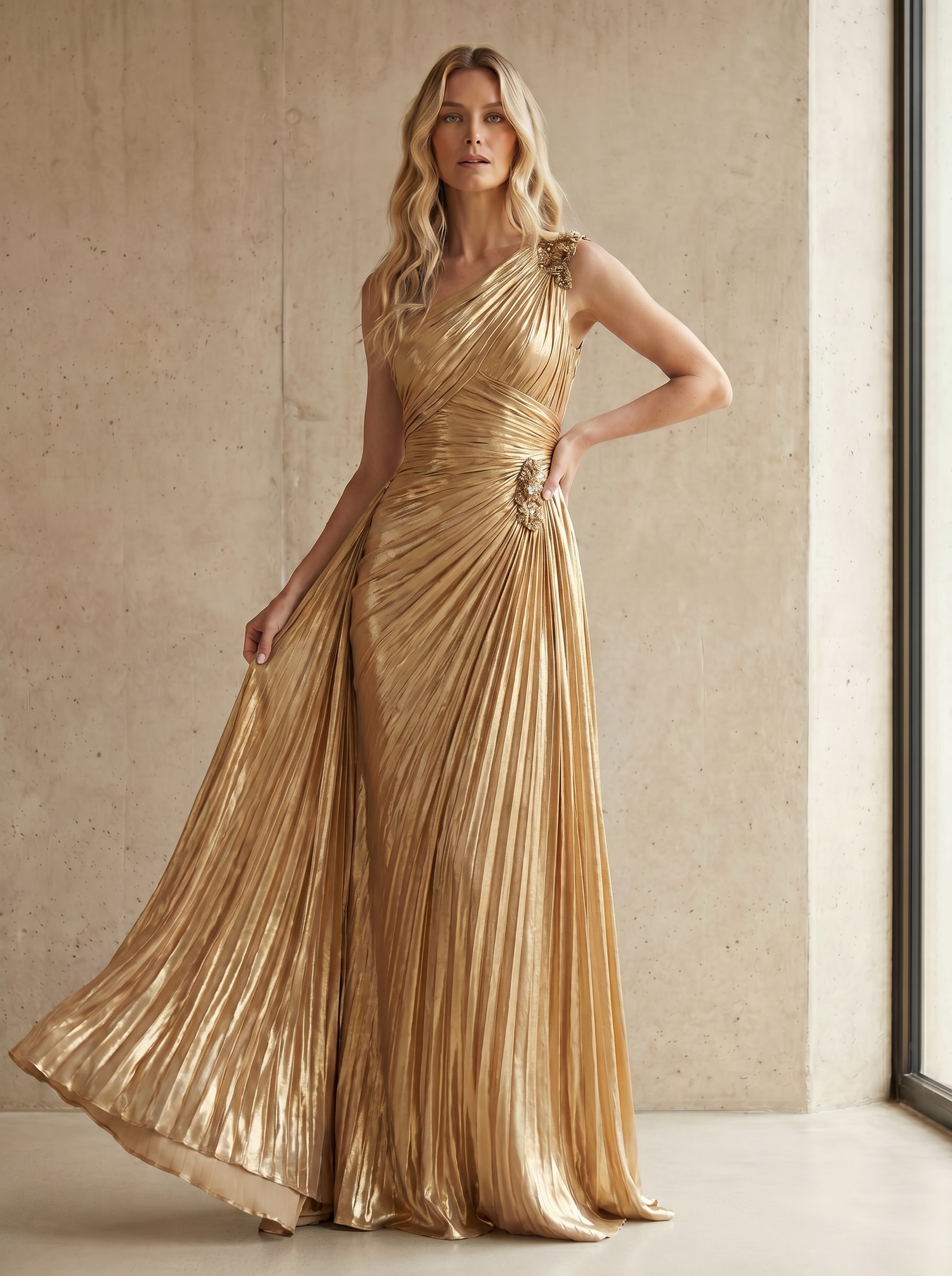 Opulent Gilded Pleated One-Shoulder Formal Evening Dress with Embellished Accents