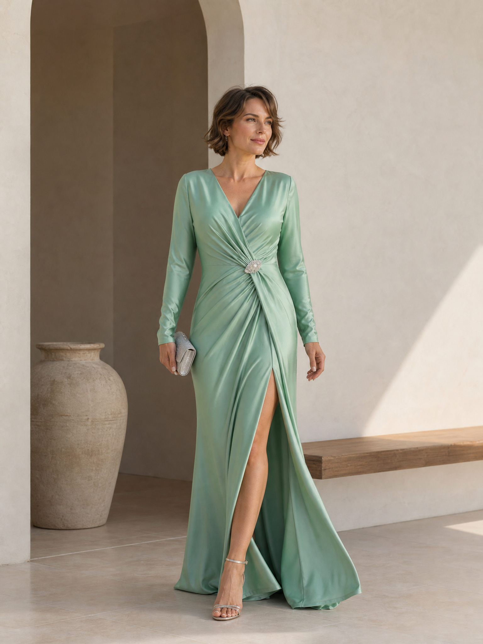 Radiant Sage Green Embellished Long-Sleeve V-Neck Sheath Formal Evening Dress With Slit