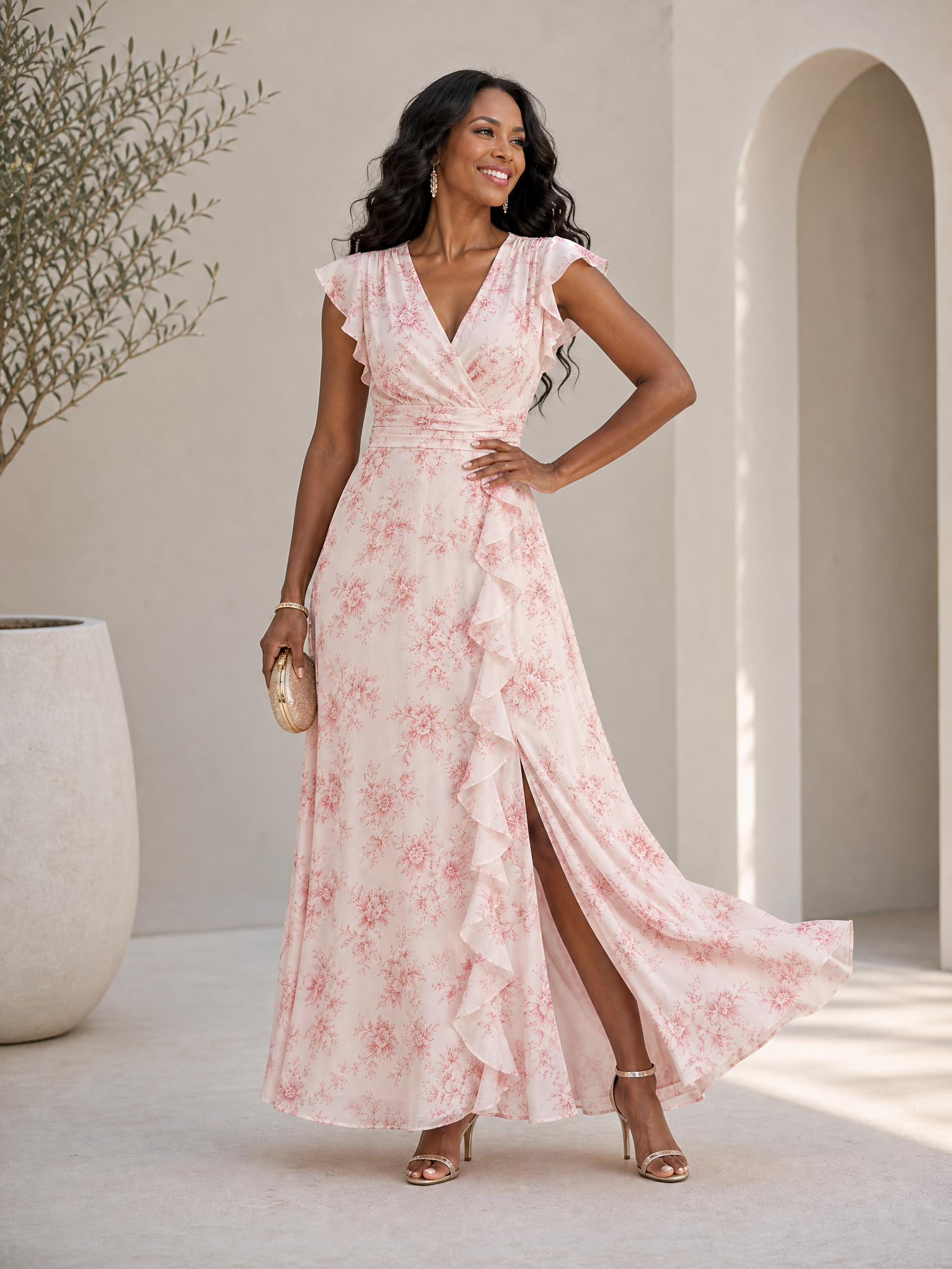 Luminous Pink Floral Chiffon Flutter-Sleeve V-Neck A-Line Formal Evening Dress