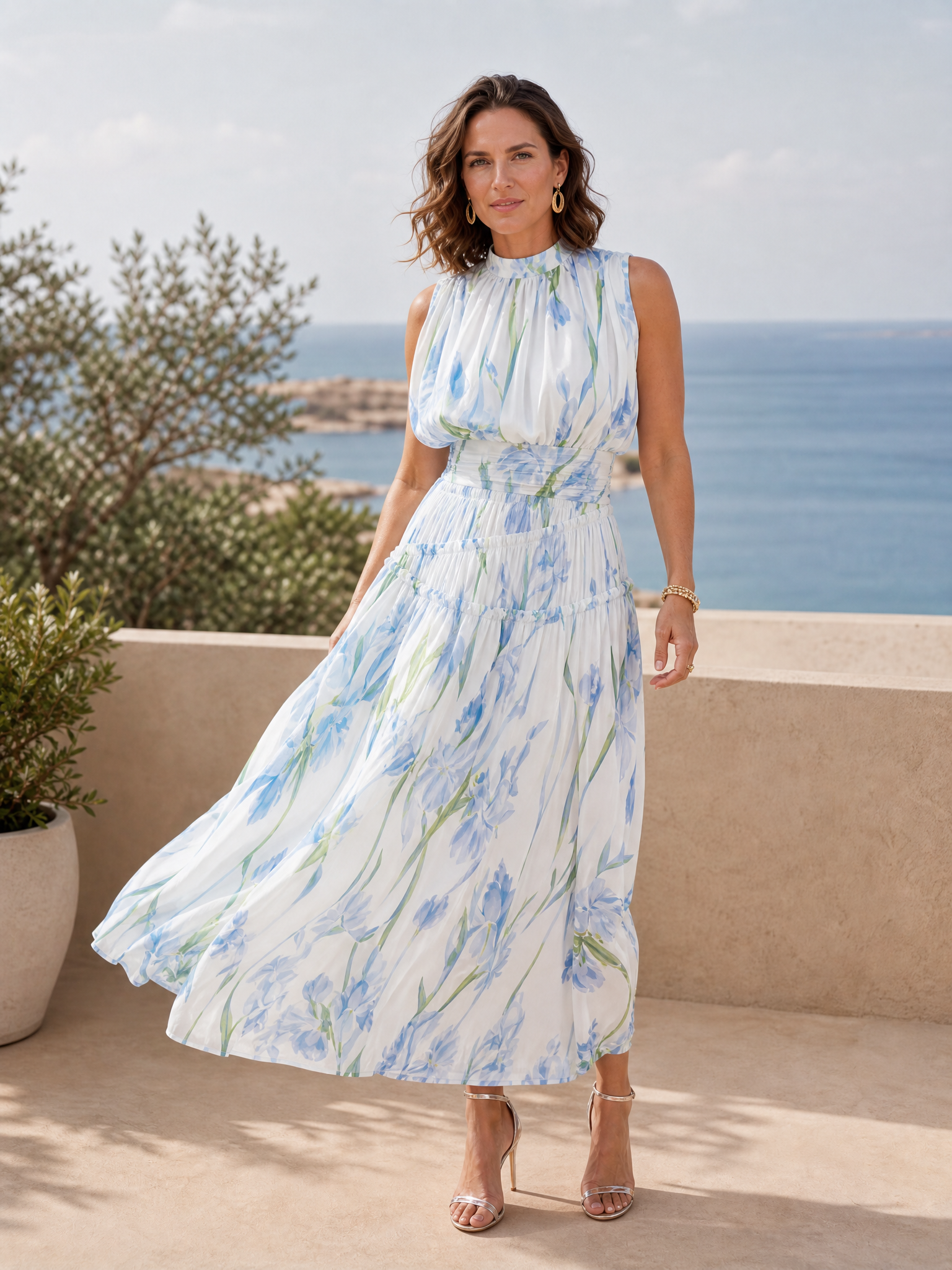 Blue Floral Mock-Neck A-Line Formal Evening Dress 