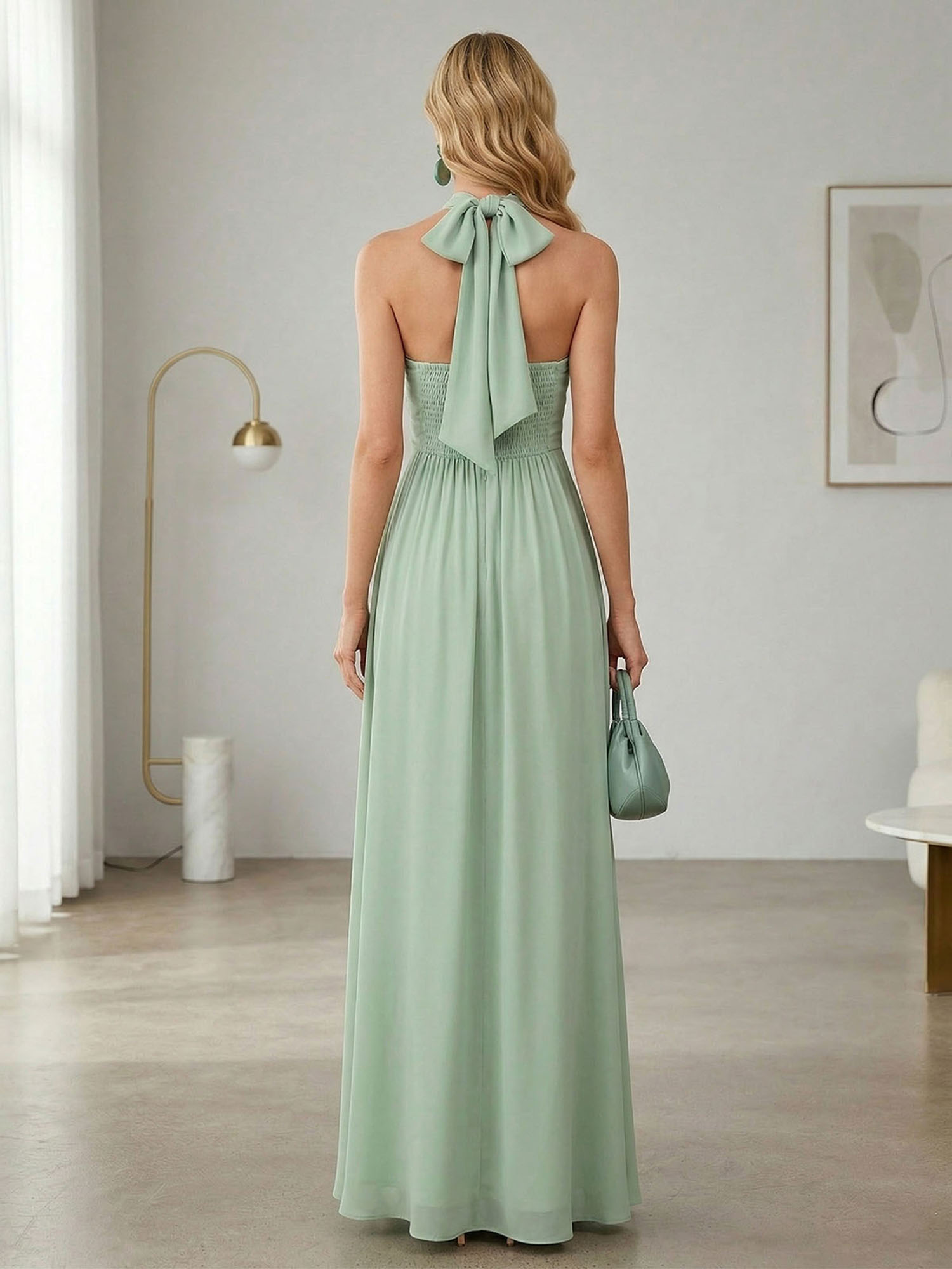 Elegant Sage Green Halter Chiffon Maxi Gown