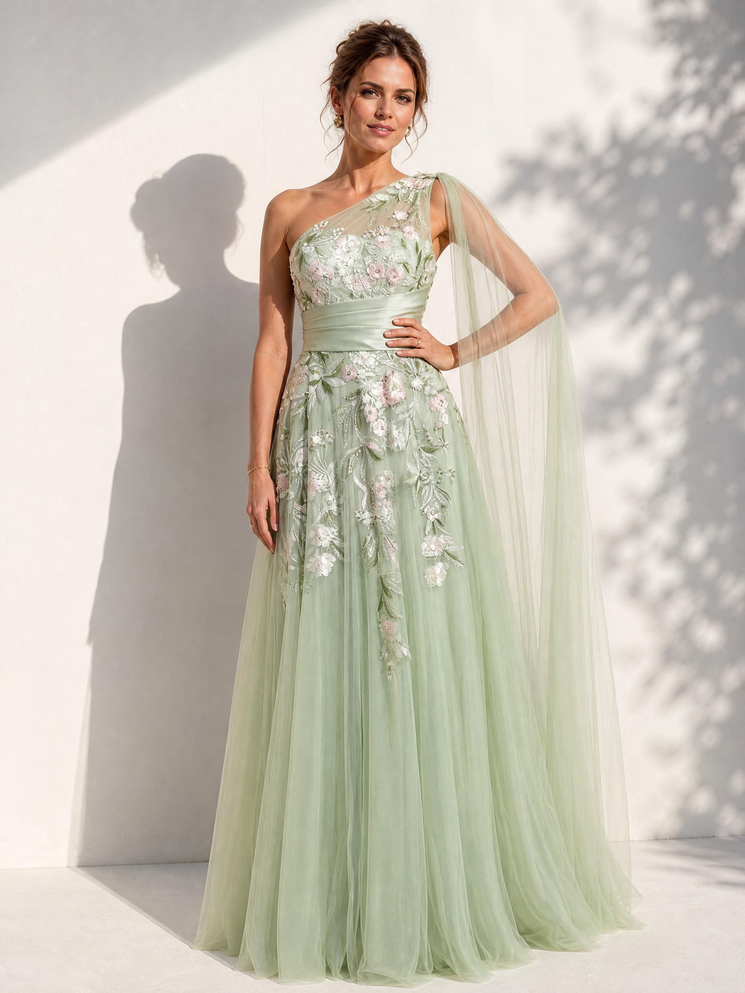 Ethereal Sage Green One-Shoulder Floral Embroidered A-Line Floor-Length Gown Dress