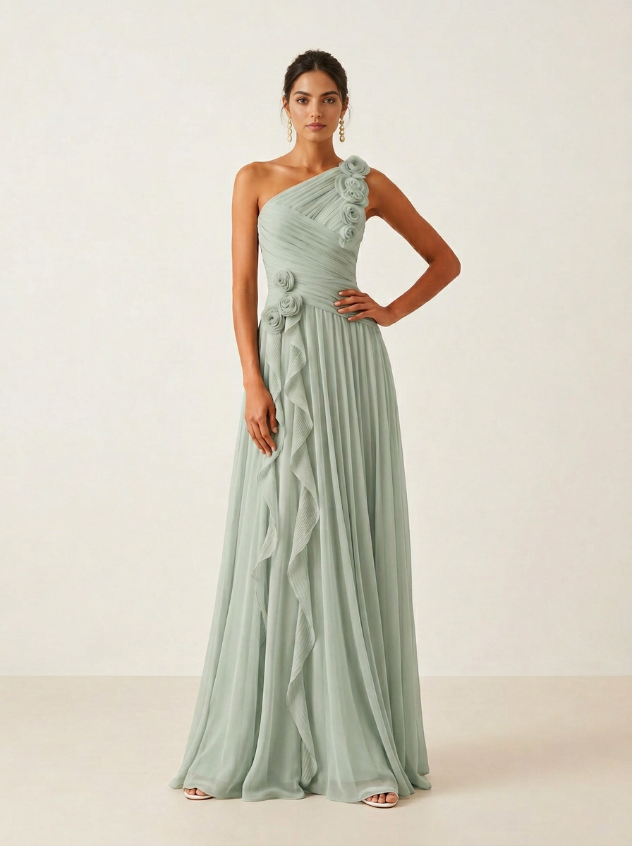 Ethereal Ruched Chiffon One-Shoulder A-Line Formal Evening Dress 