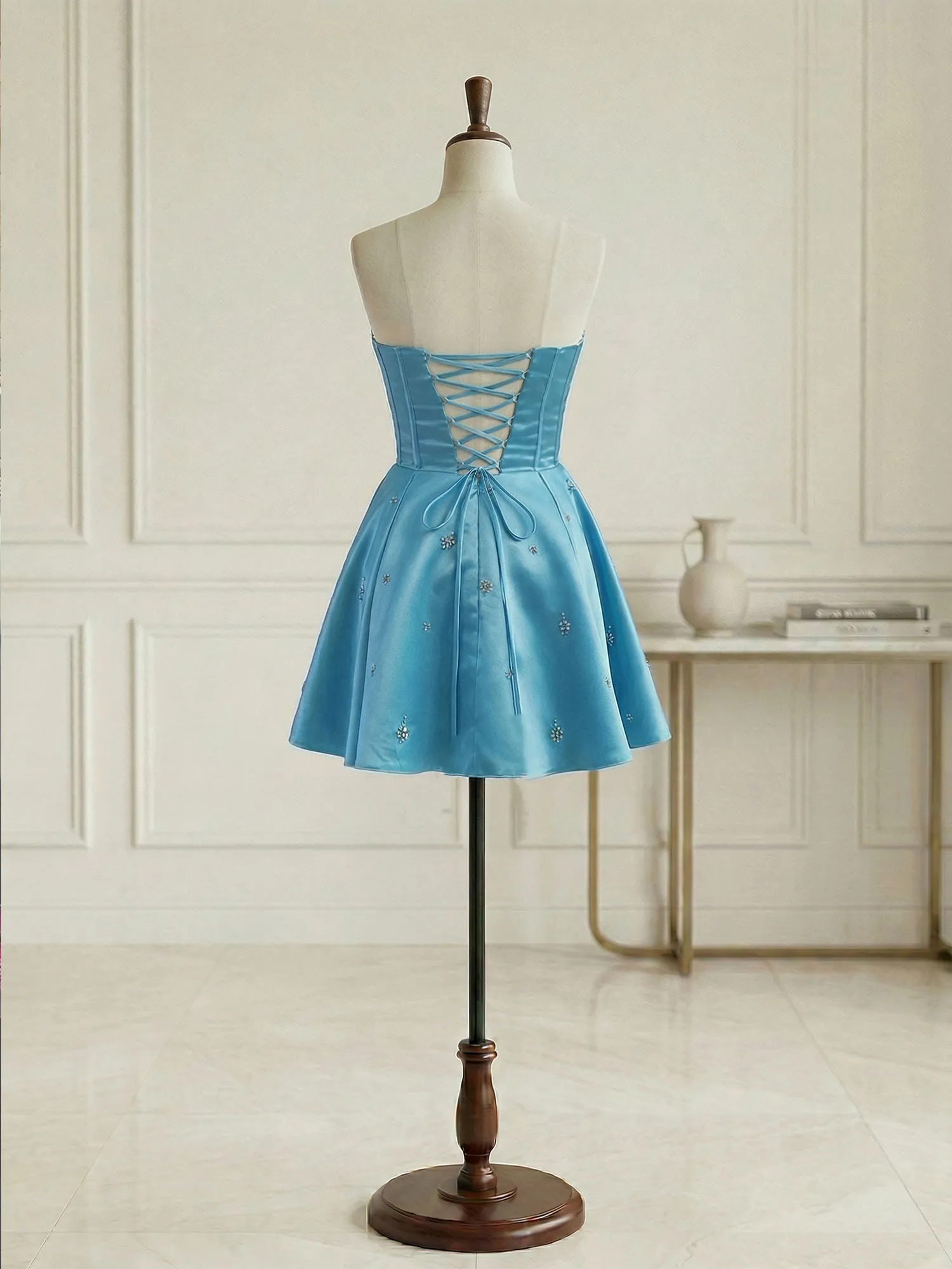Strapless Beaded Corset Lace-Up Back Satin Homecoming Dress