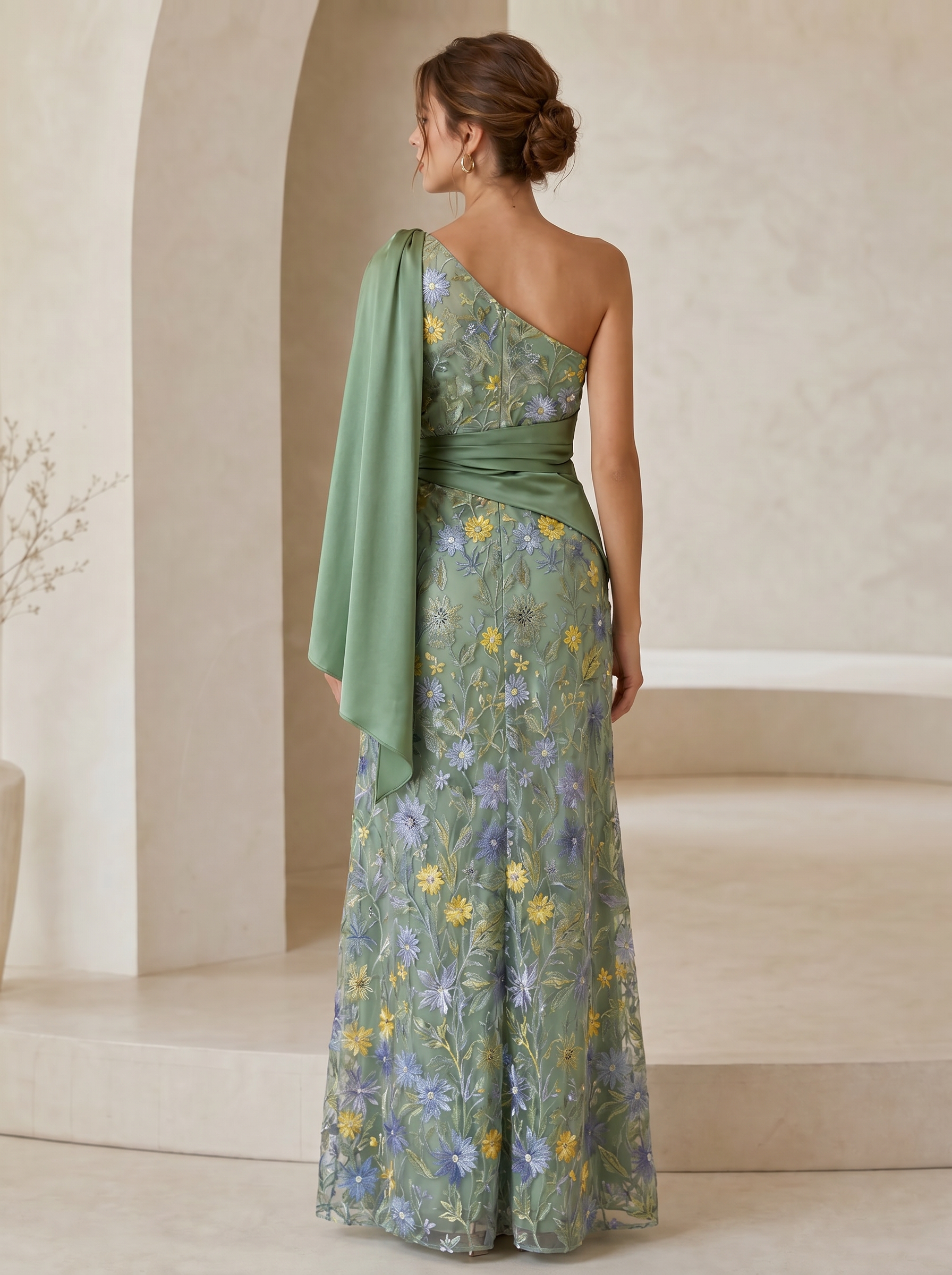  Elegant Sage Green Embroidered One Shoulder Garden Sheath Formal Evening Dress With Slit