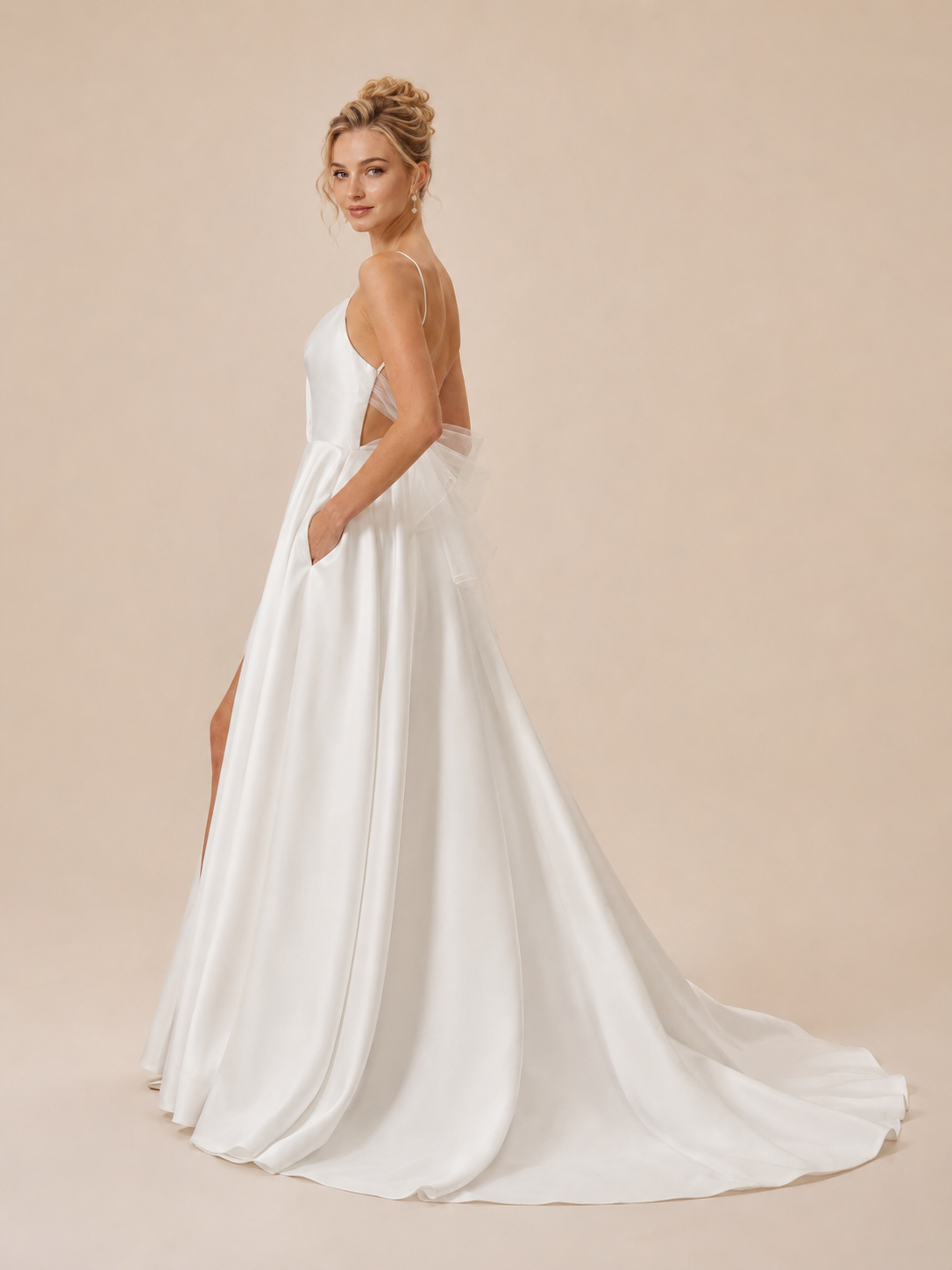 White V-Neck Spaghetti Straps Satin A-Line Wedding Dress with Tulle Bow Accent 