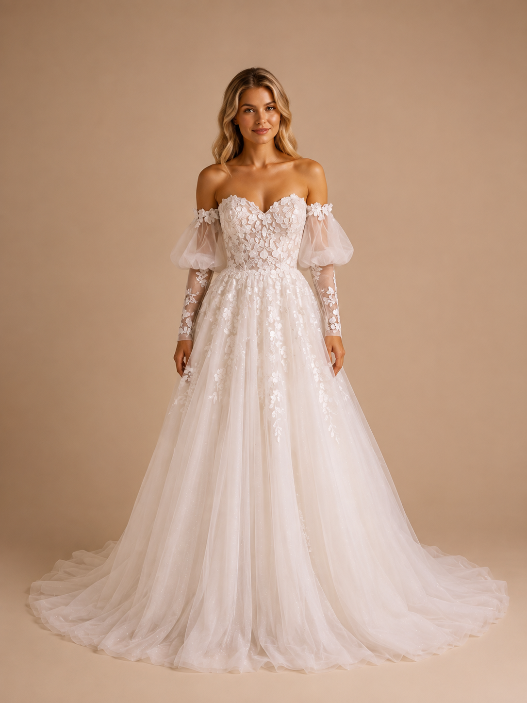 White Off-the-Shoulder Sweetheart Puff-Sleeve Lace A-Line Wedding Dress 