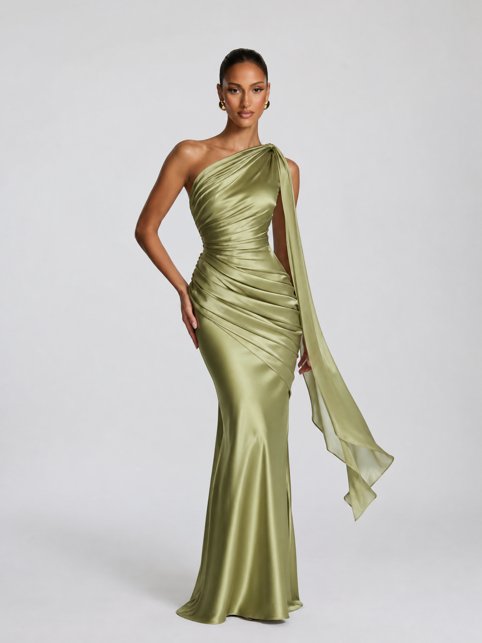 Ethereal Olive Silk Draped One-Shoulder Sheath Formal Evening Dress