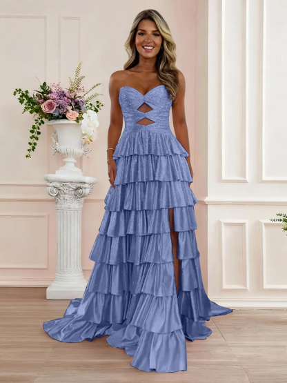 Sparkly Royal Blue Sweetheart A-Line Long Prom Dress with Keyhole