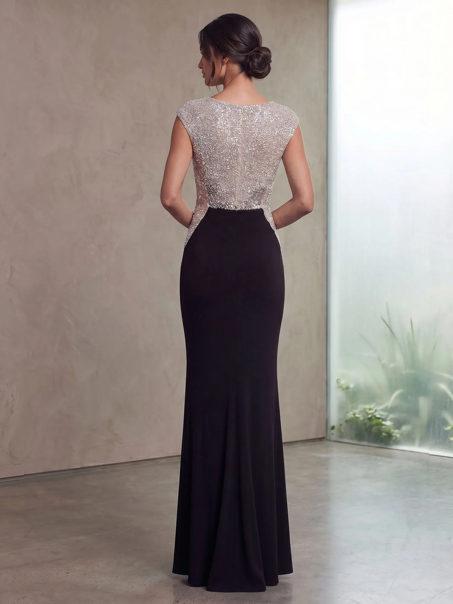 Bateau Neck Sequins Cap Sleeve Mermaid Evening Gown