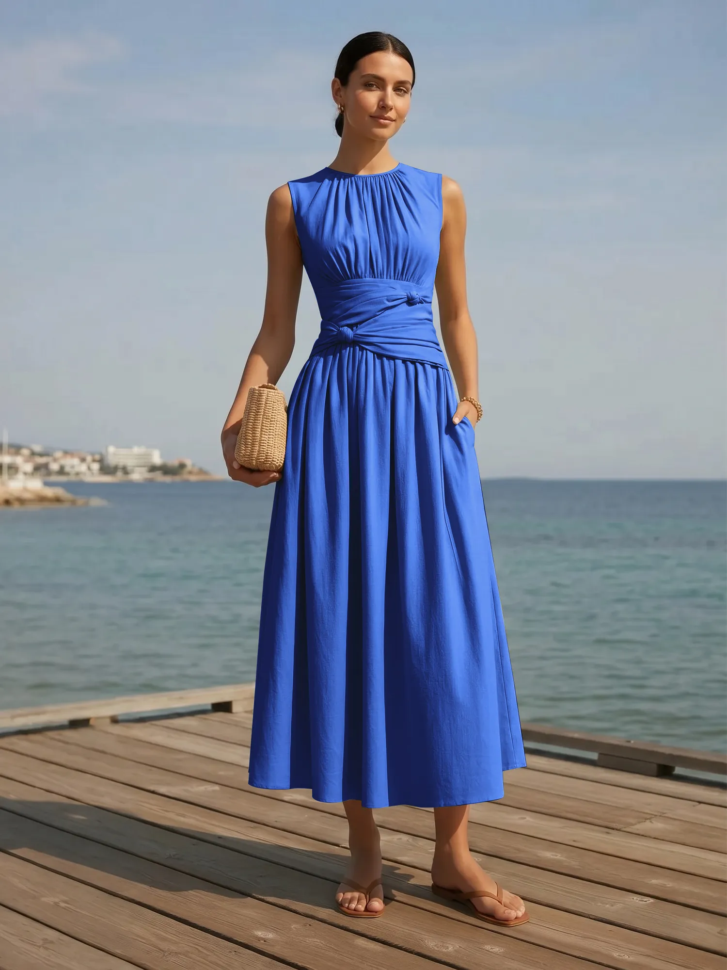 Sleeveless Round Neck Waist-Knot Midi Evening Dress